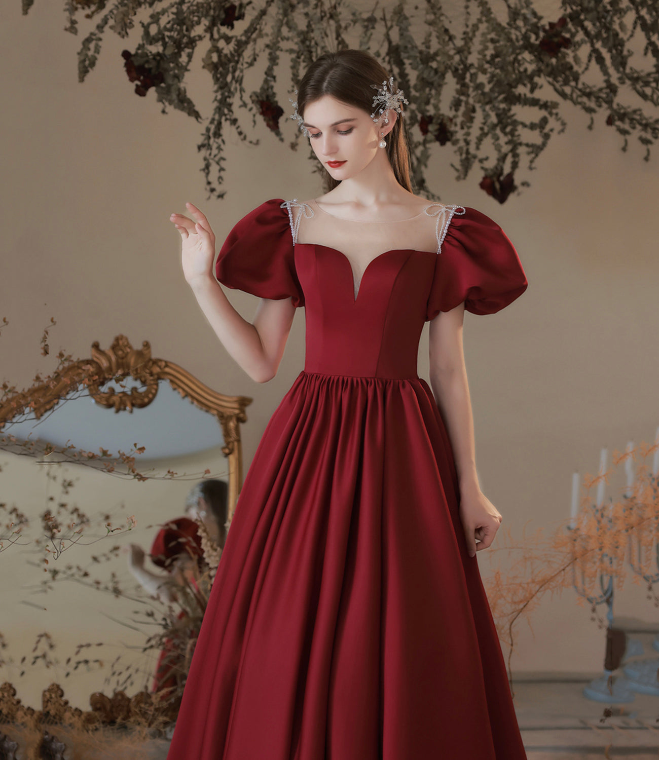 Burgundy satin long prom dress A line evening dress 10373