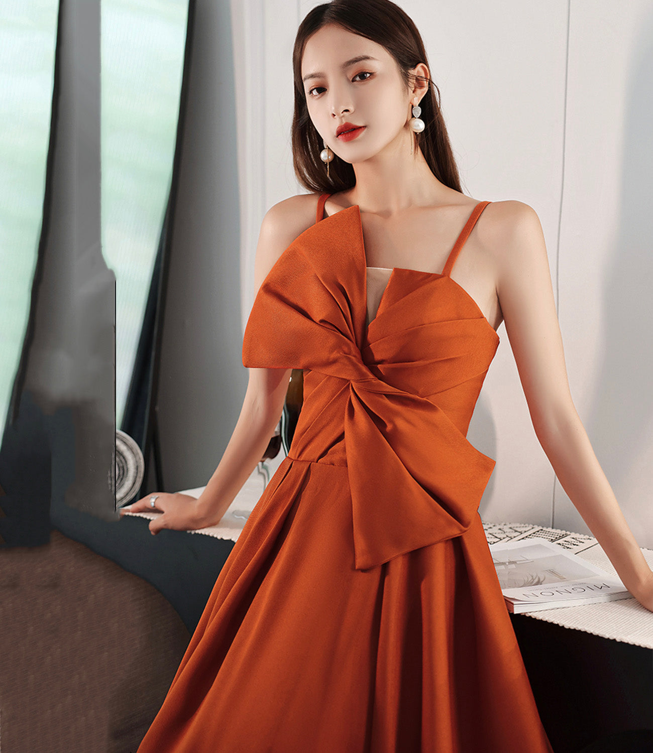 Orange satin long prom dress with bow A line formal dress 10568