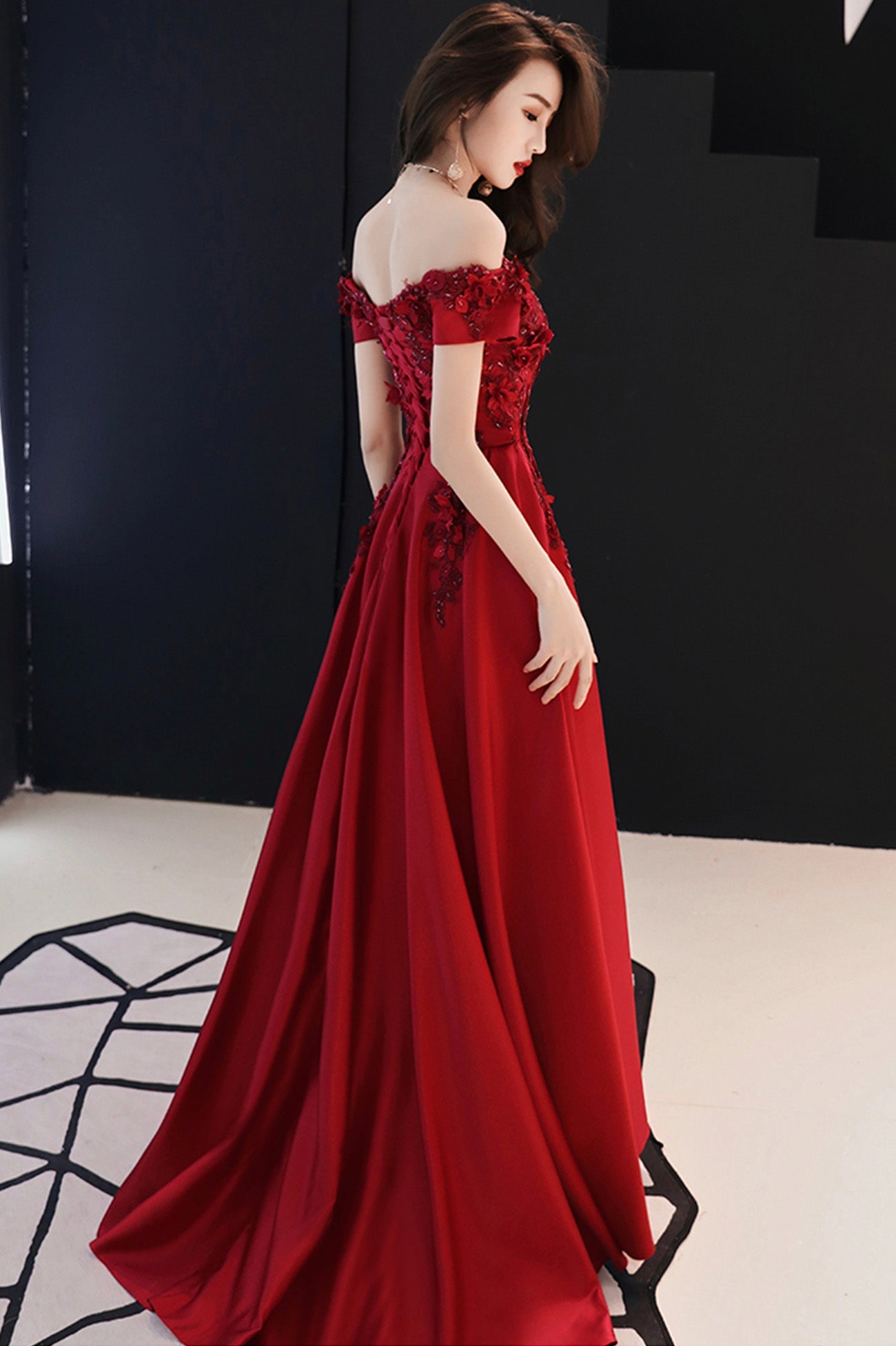 Burgundy satin lace long prom dress A line evening dress 10565