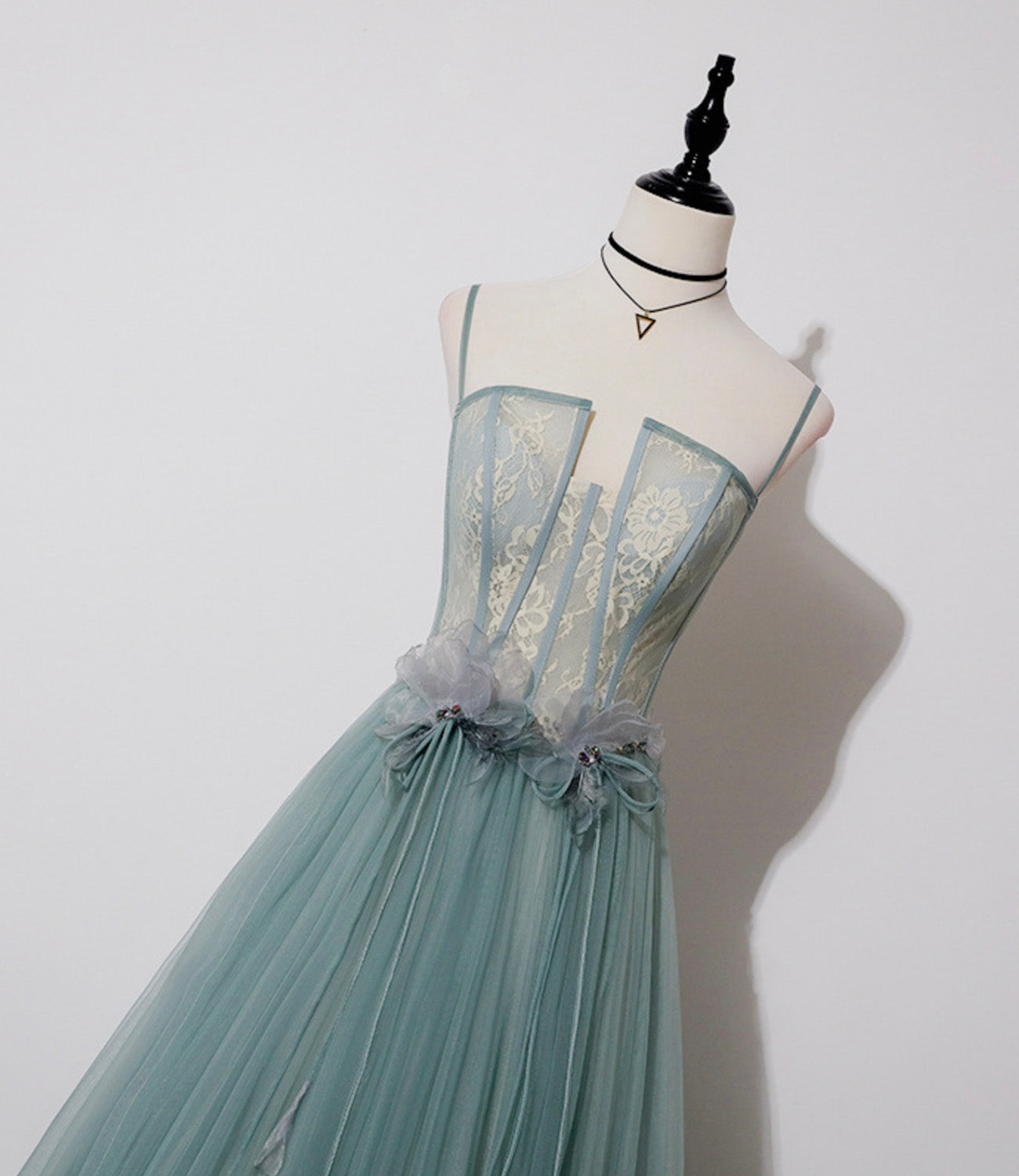 Green tulle lace long prom dress A line evening dress 10557