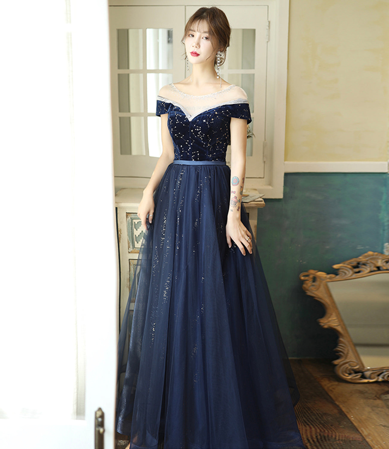 Blue velvet tulle long prom dress evening dress 10384