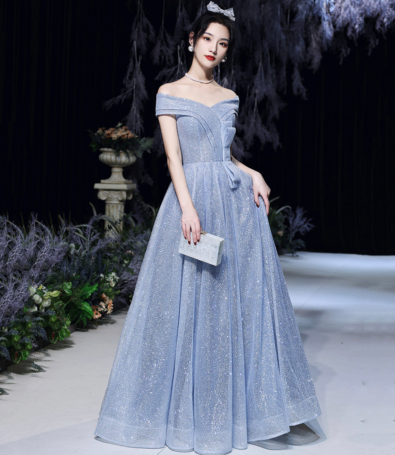 Blue tulle sequins long prom dress blue evening dress 10465