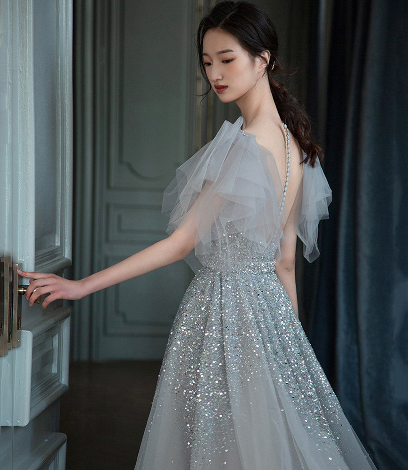 Gray tulle sequins long prom dress A line evening dress 10574