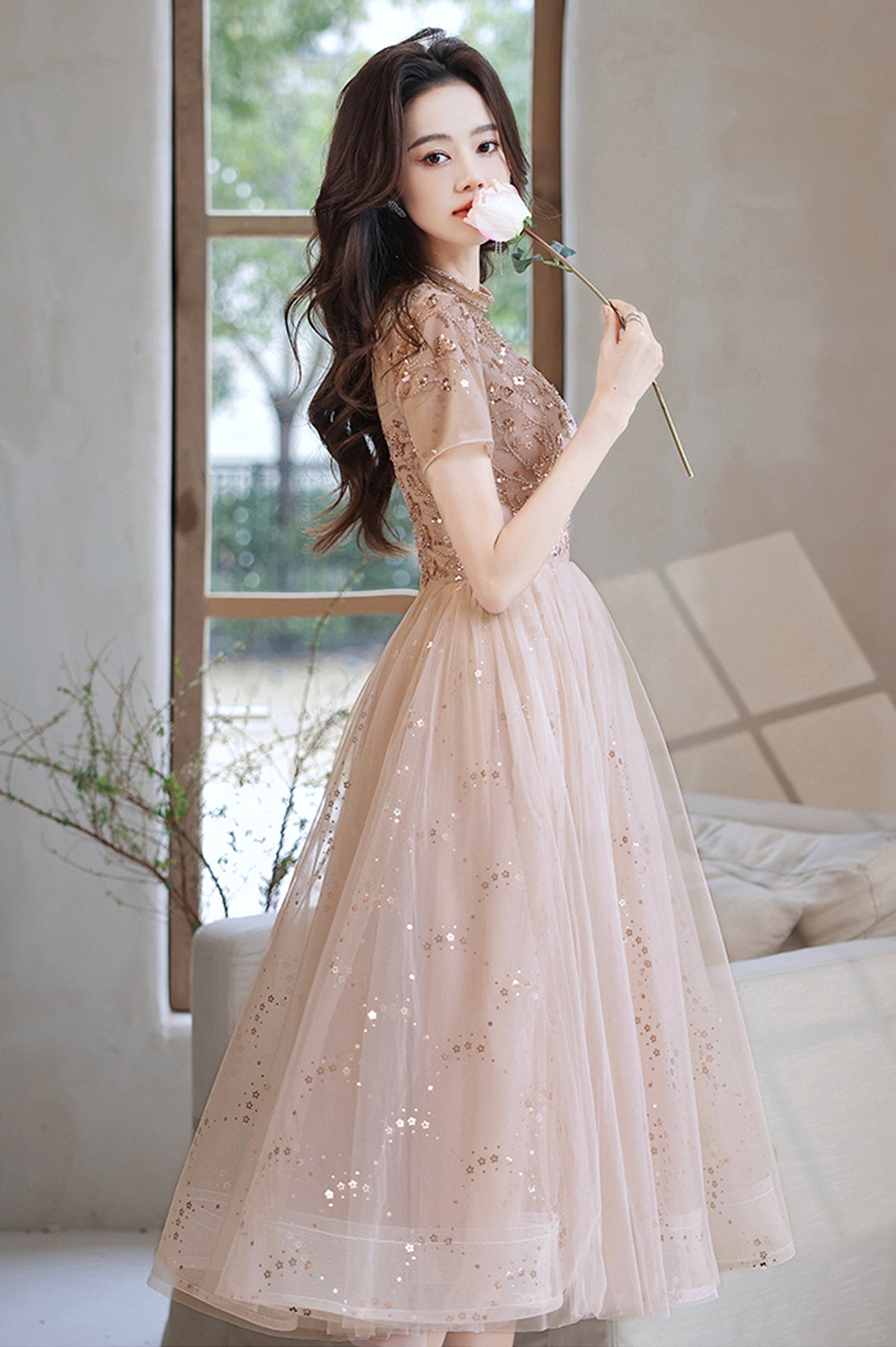 Cute tulle beads short prom dress A line party dress 10519