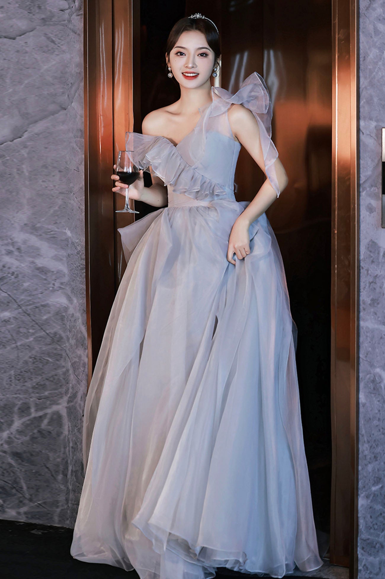 Gray tulle long A line prom dress gray evening dress 10625