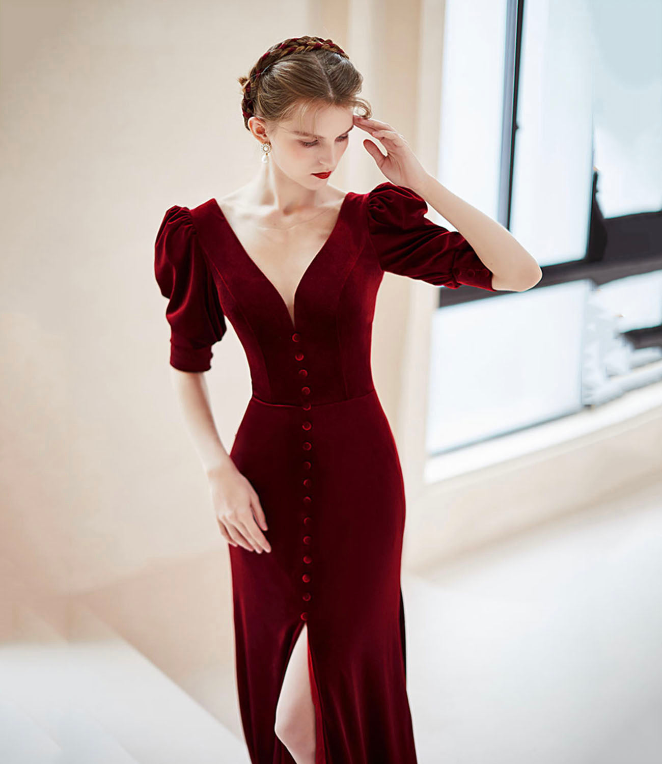 Burgundy velvet long prom dress mermaid evening dress 10414