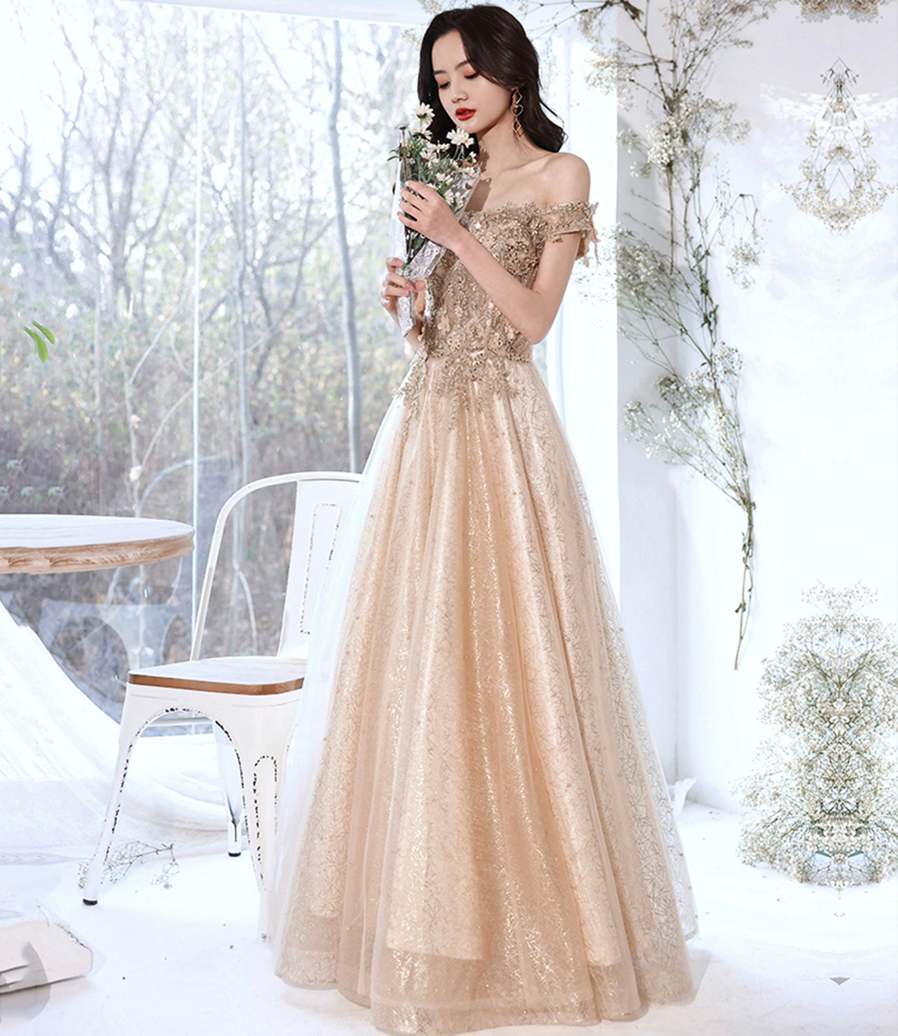 Champagne tulle lace long prom dress A line evening gown 10381