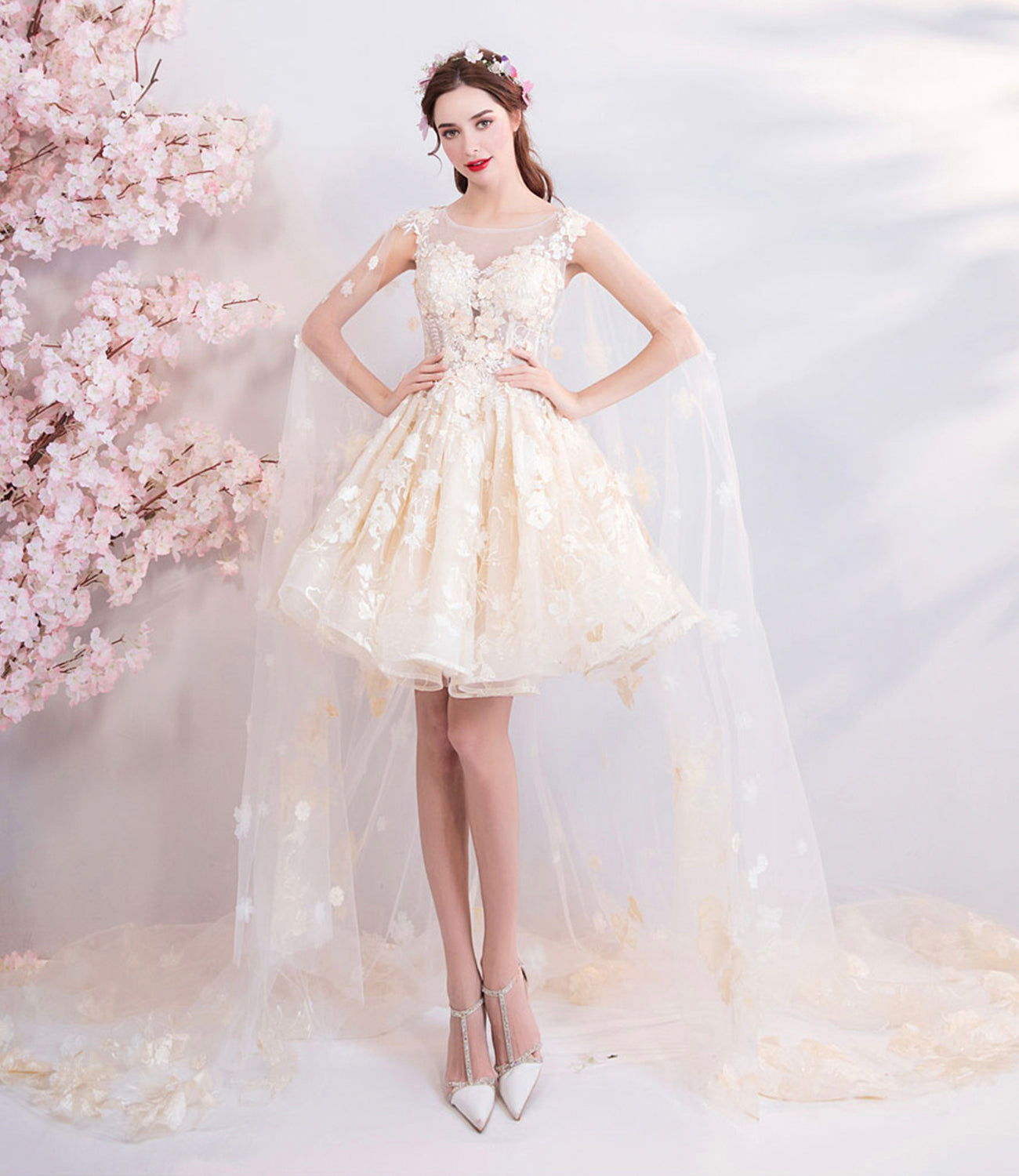 Champagne tulle lace short prom dress homecoming dress 10513
