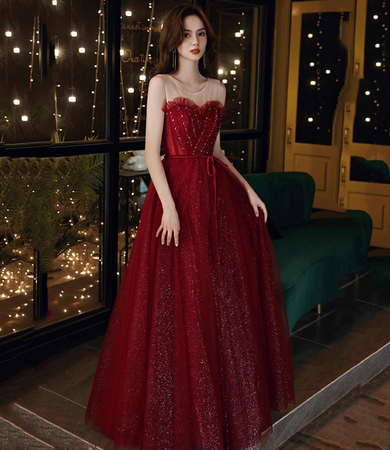 Burgundy tulle sequins long prom dress A line evening dress 10555