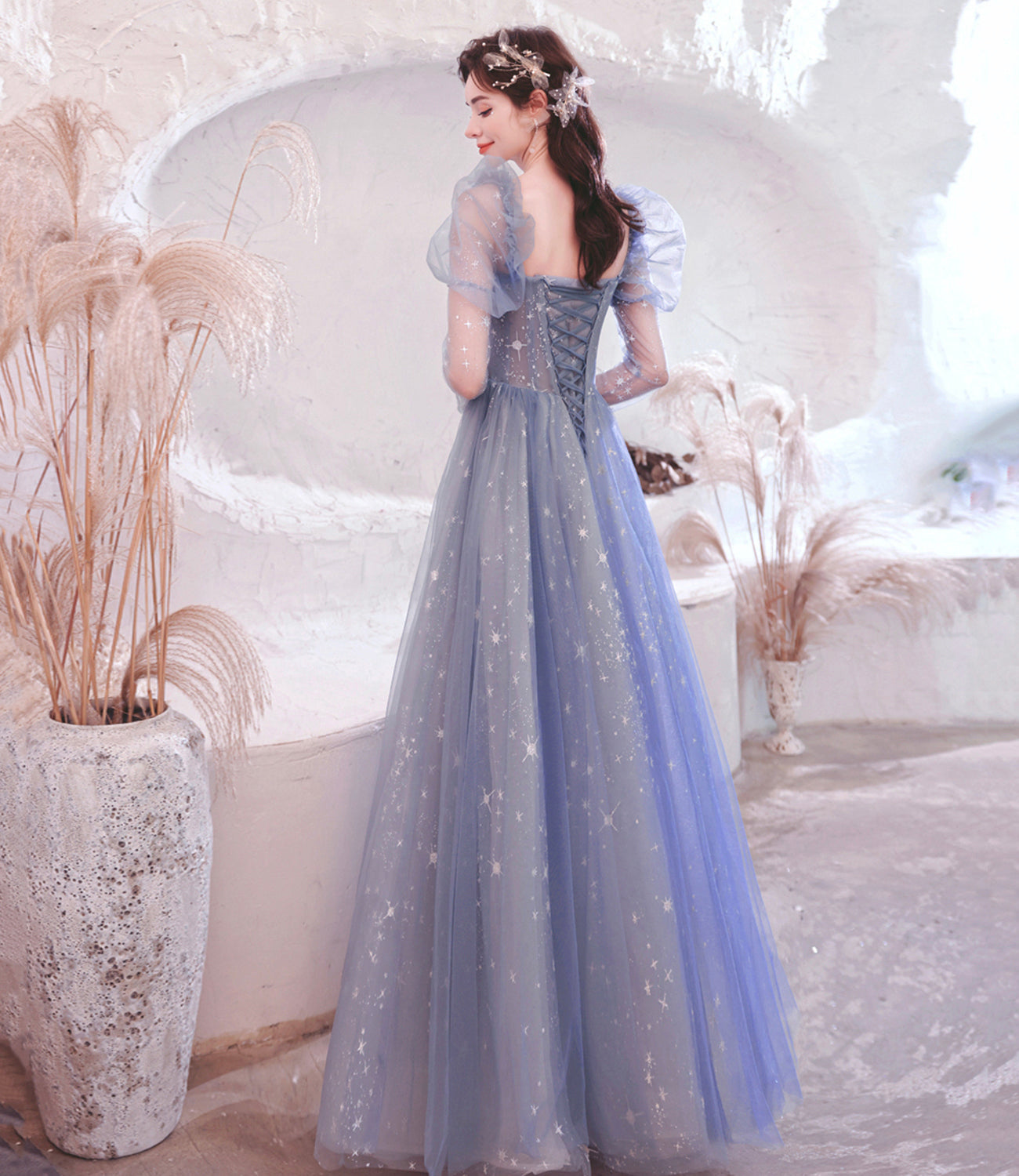 Blue tulle long A line prom dress blue evening dress 10530