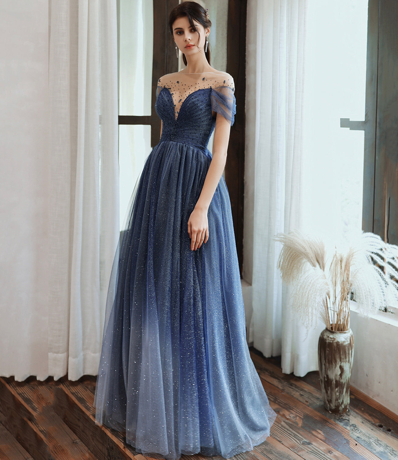 Blue tulle sequins long prom dress blue evening dress 10477
