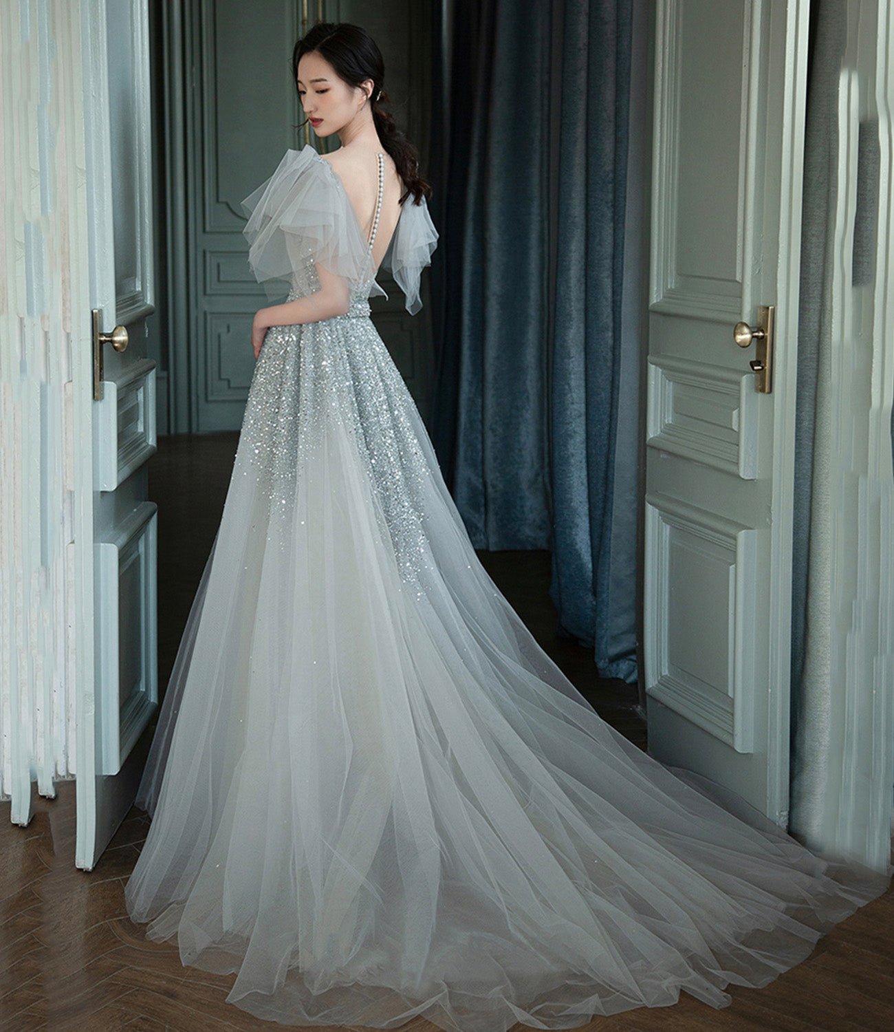Gray tulle sequins long prom dress A line evening dress 10574