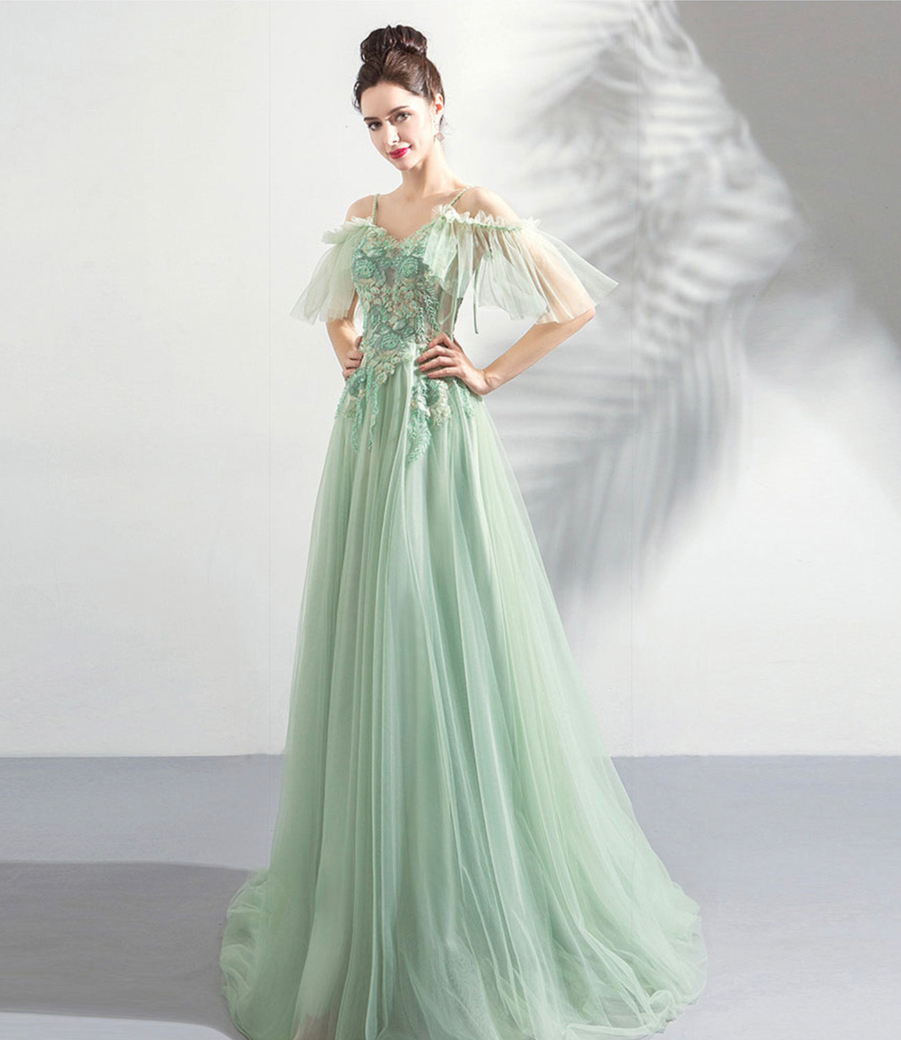 Green tulle lace long prom dress A line evening dress 10575