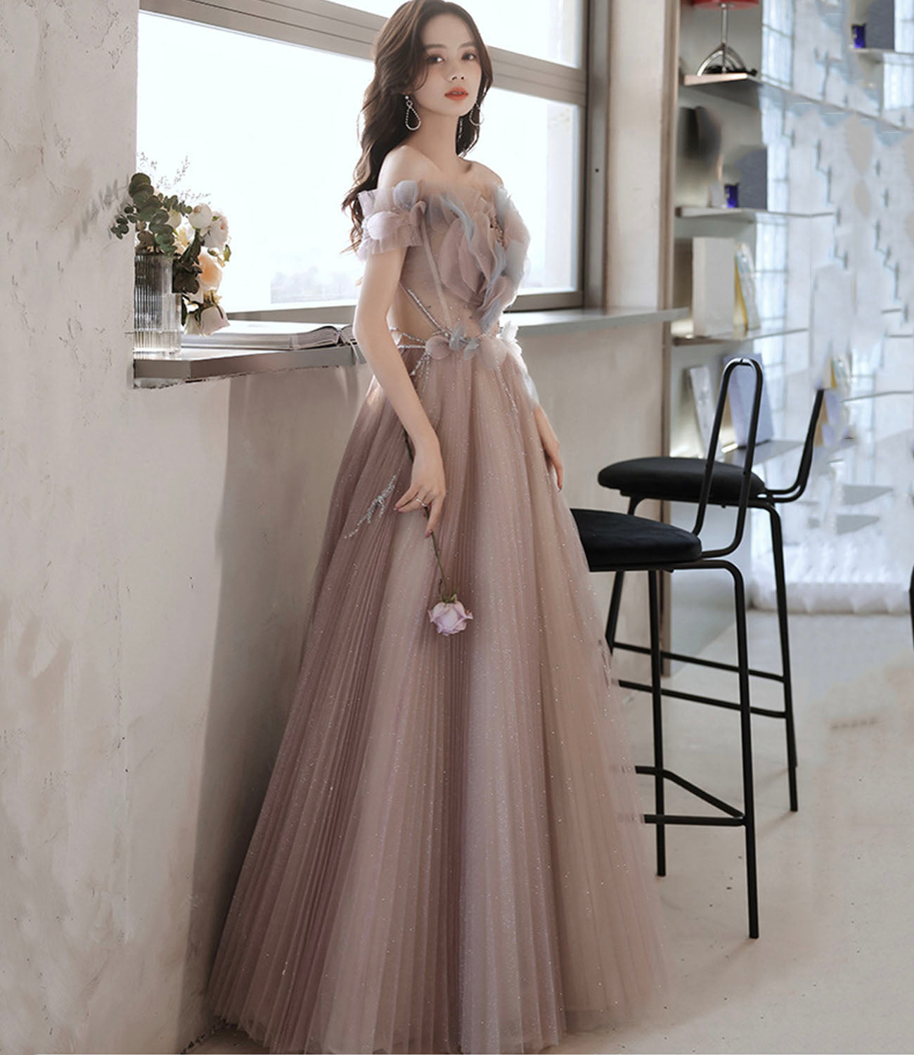 Cute tulle long prom dress A line evening dress 10426