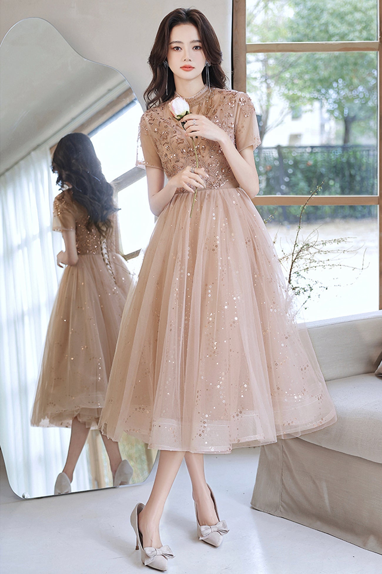 Cute tulle beads short prom dress A line party dress 10519