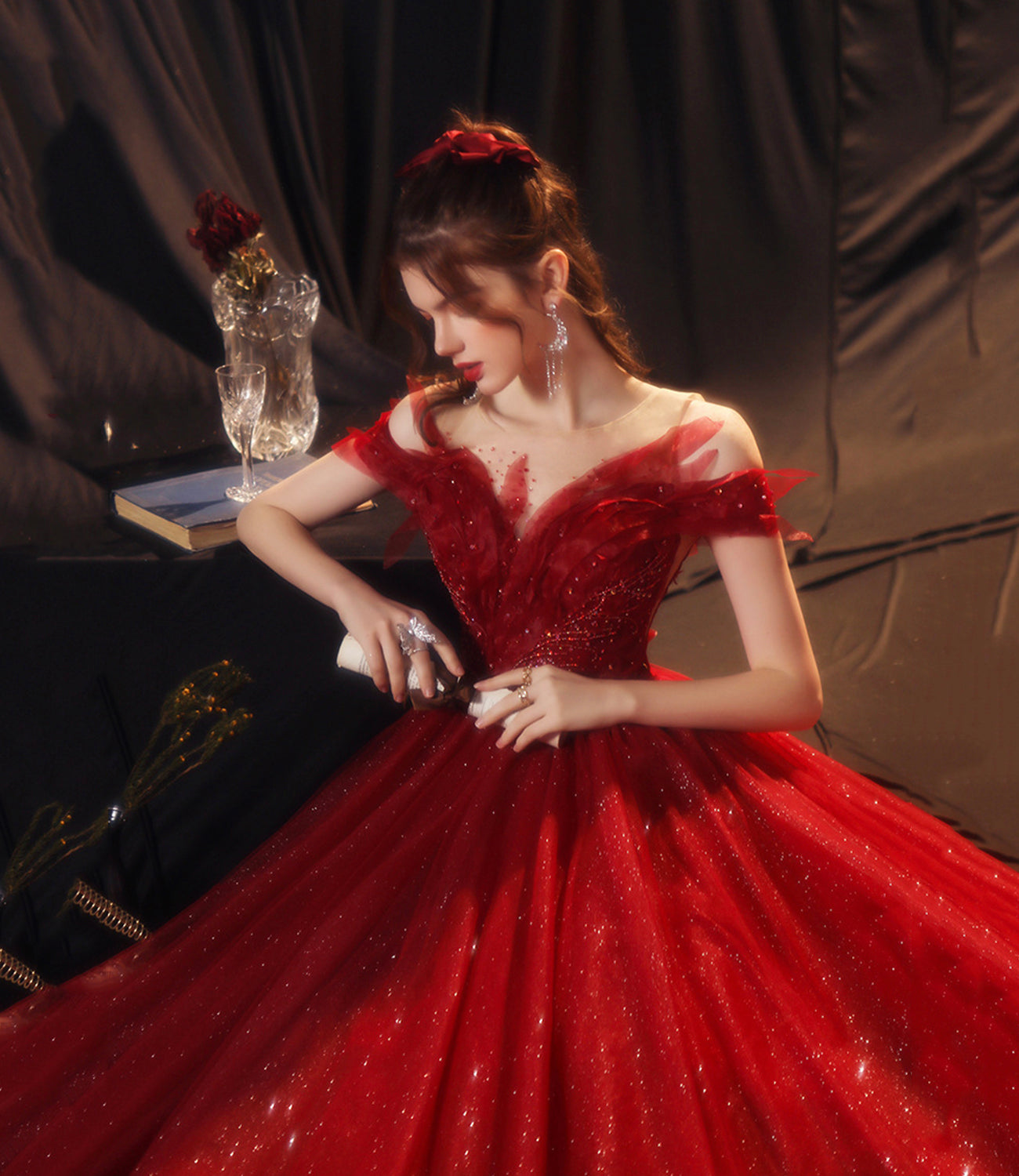 Red tulle sequins long prom dress A line evening gown 10355