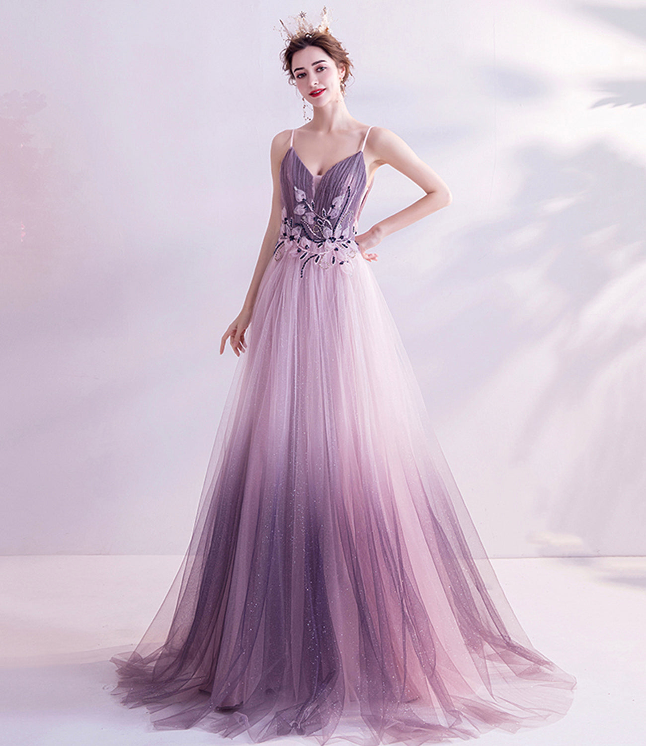 Purple tulle sequins long prom dress purple evening dress 10479
