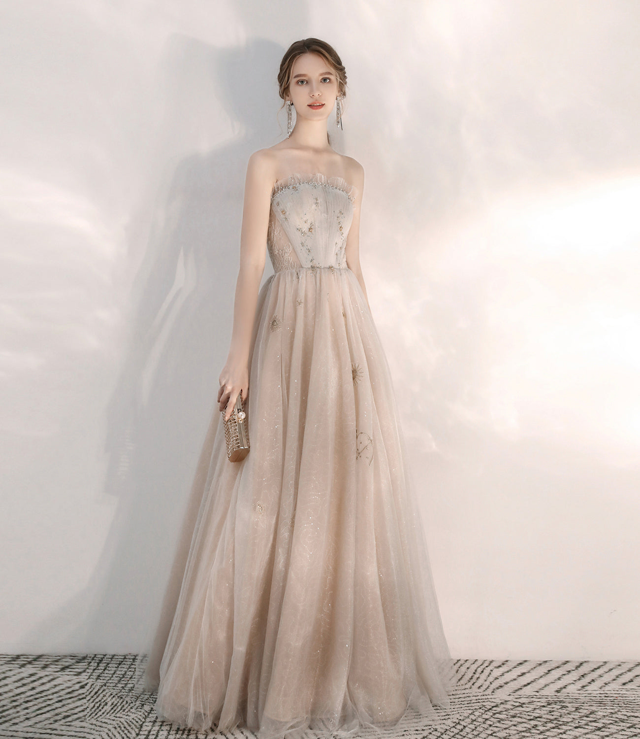 Champagne tulle sequins long prom dress A line evening dress 10472