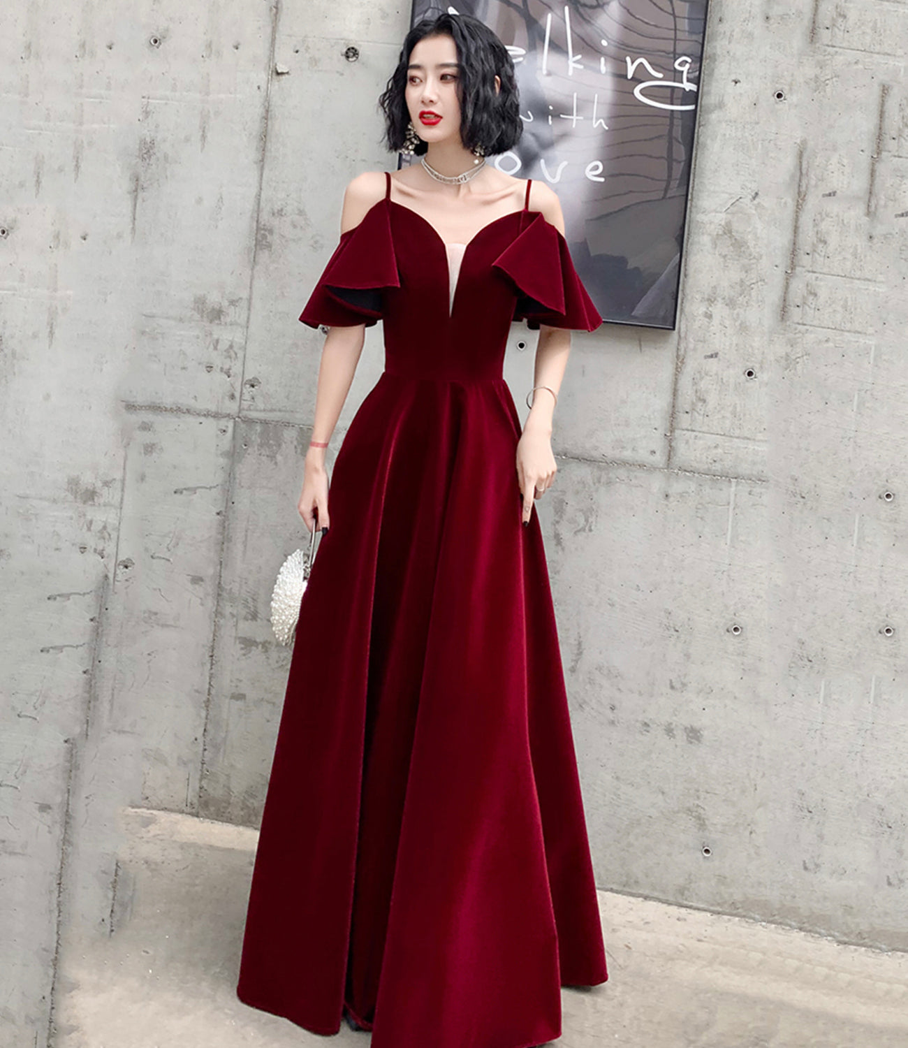 Burgundy velvet long prom dress A line evening dress 10371