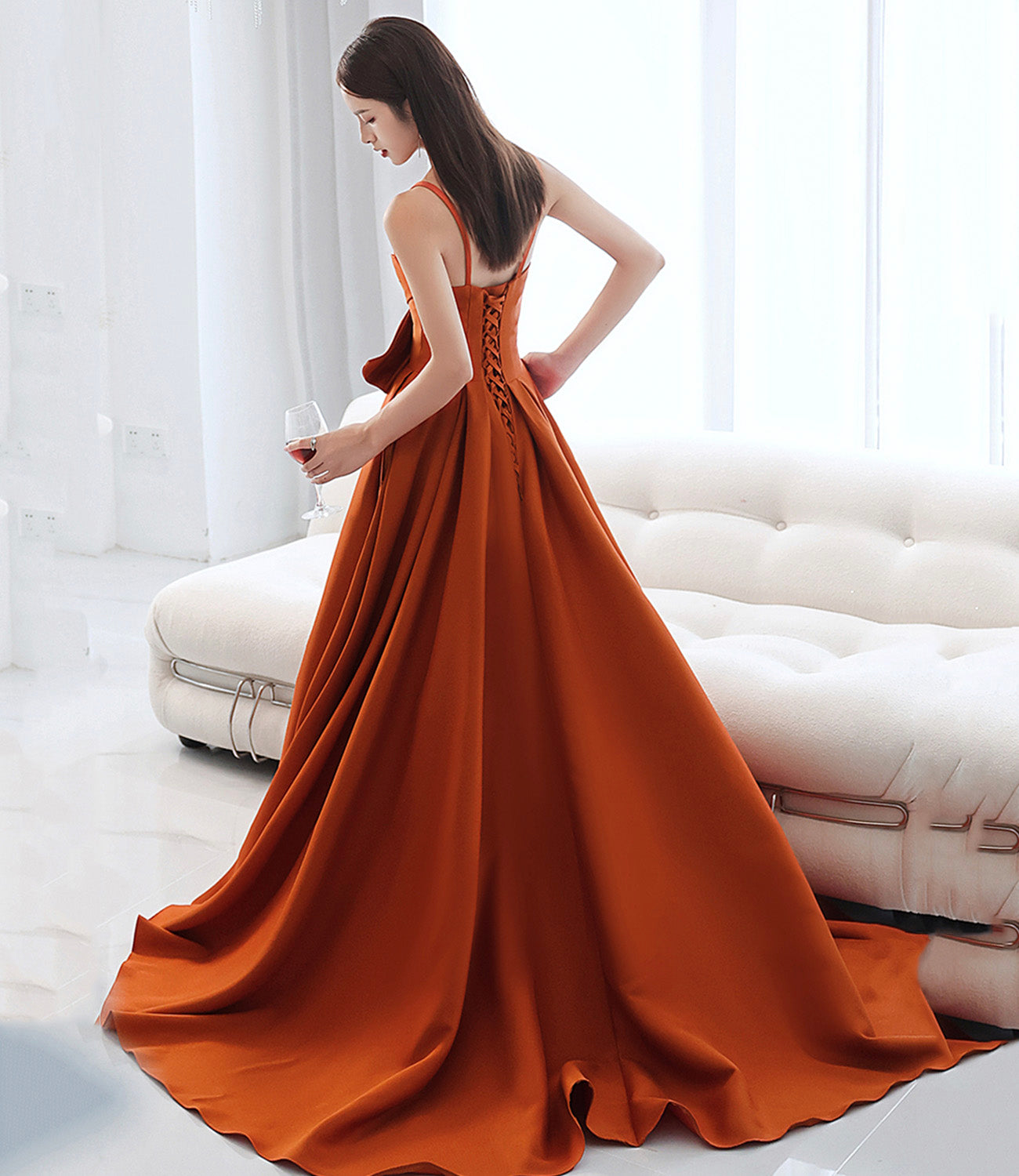 Orange satin long prom dress with bow A line formal dress 10568