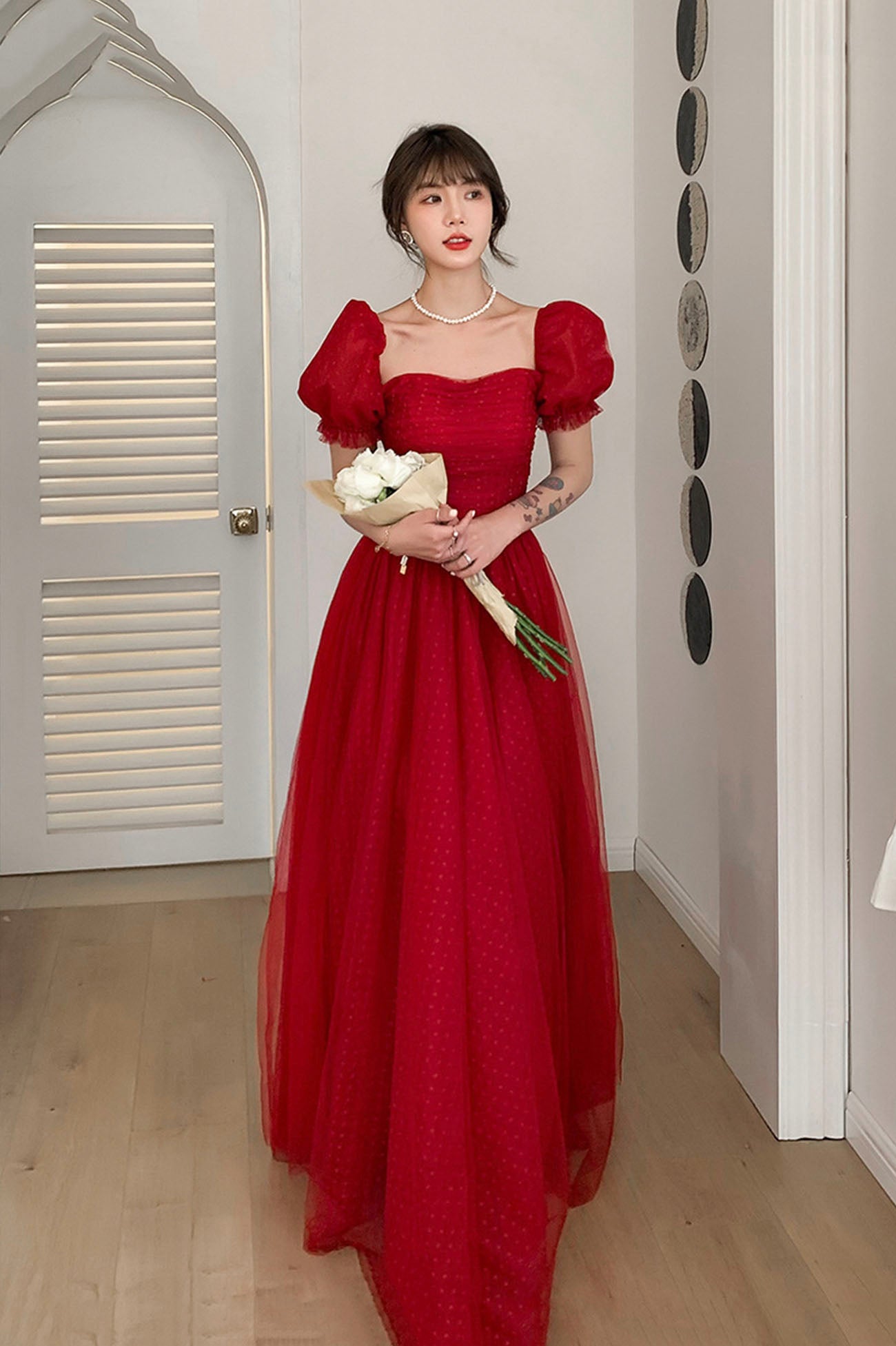 Red tulle long prom dress A line evening dress 10602
