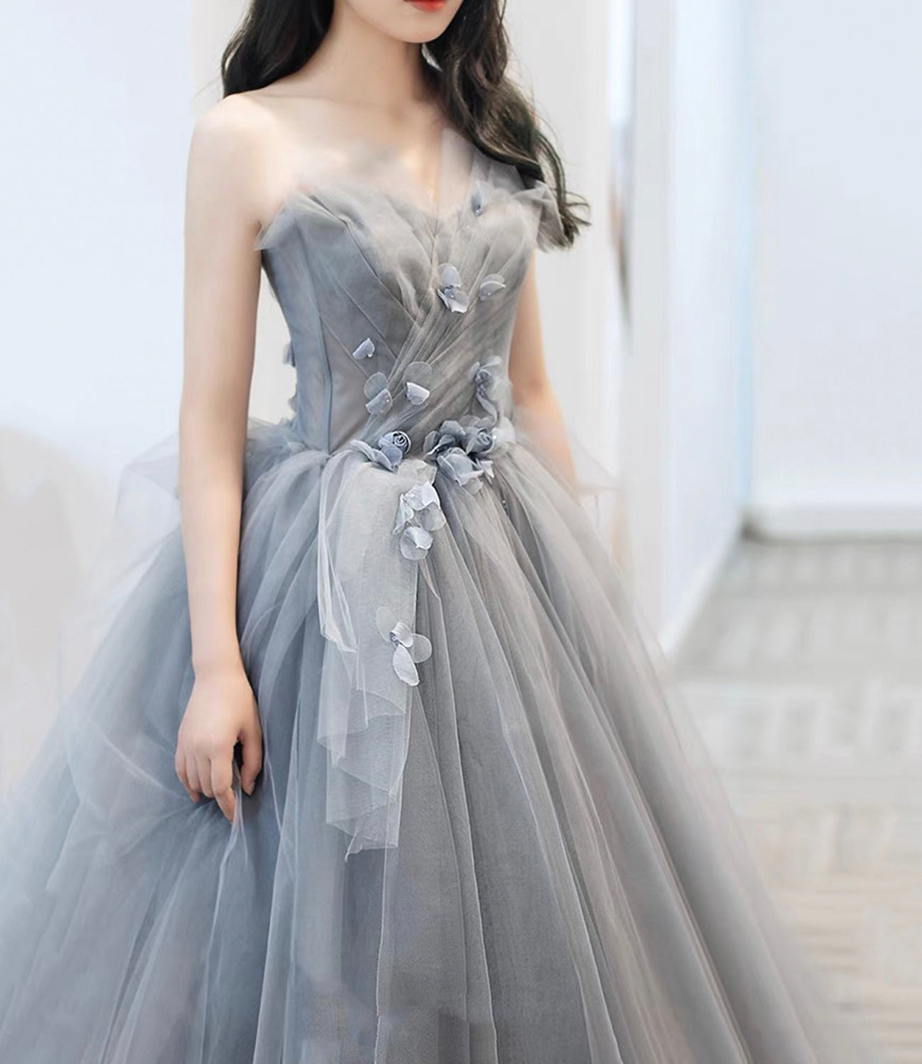 Gray tulle applique long prom dress A line evening gown 10485