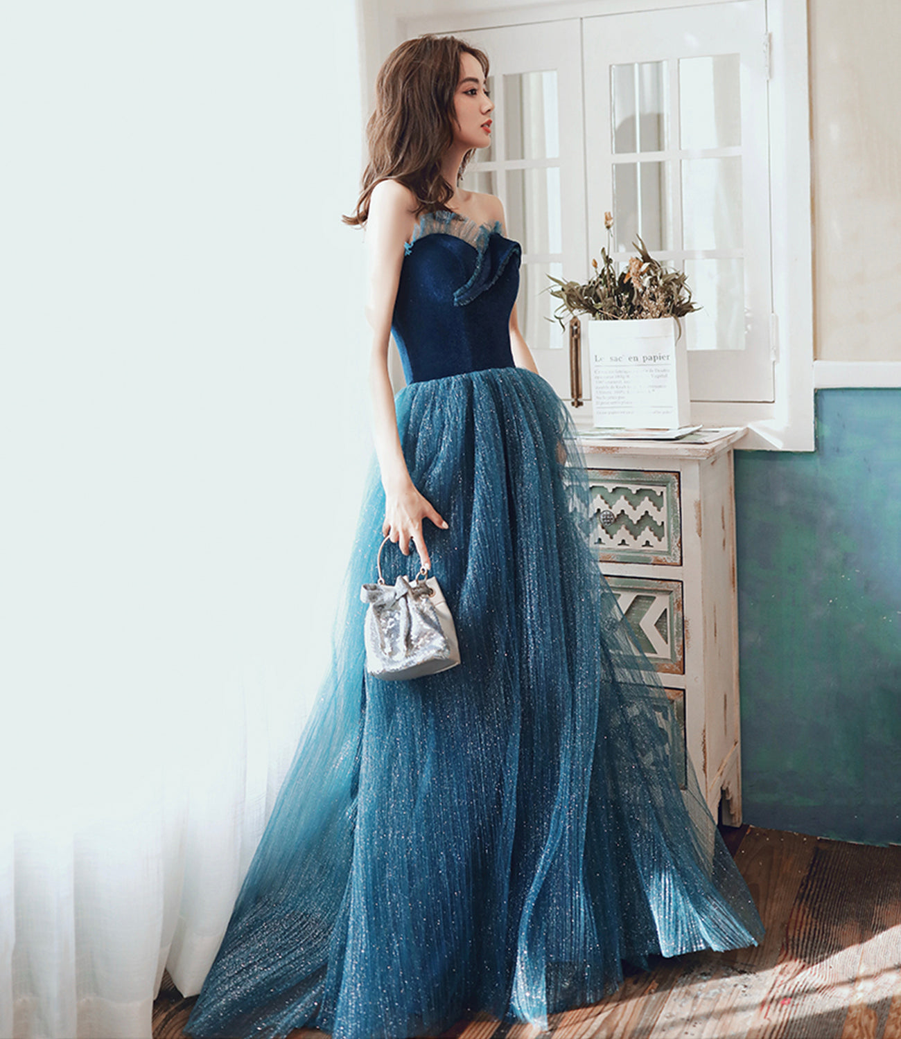 Blue velvet tulle long prom dress A line evening dress 10499