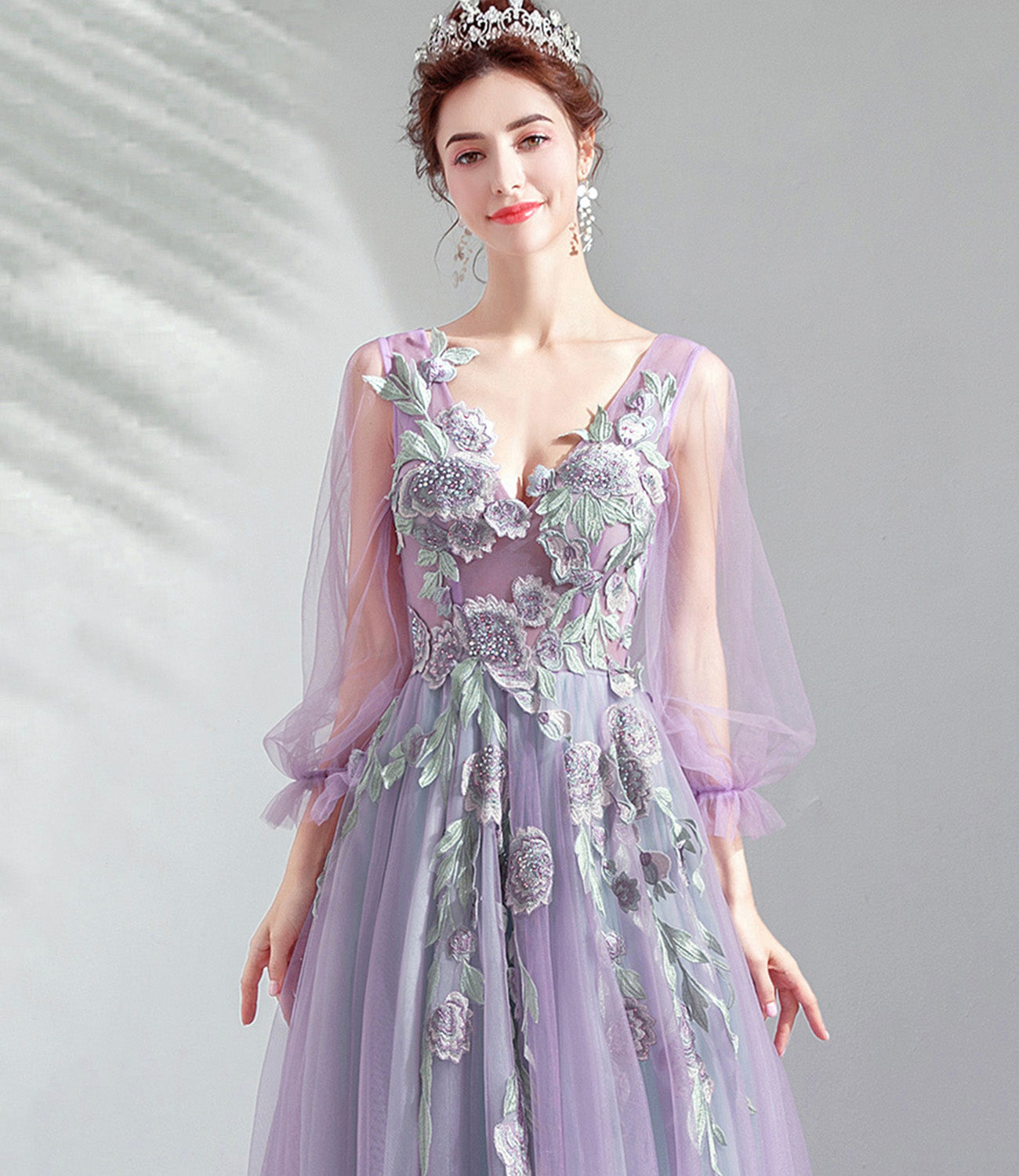 Purple tulle lace long prom dress A line evening dress 10552