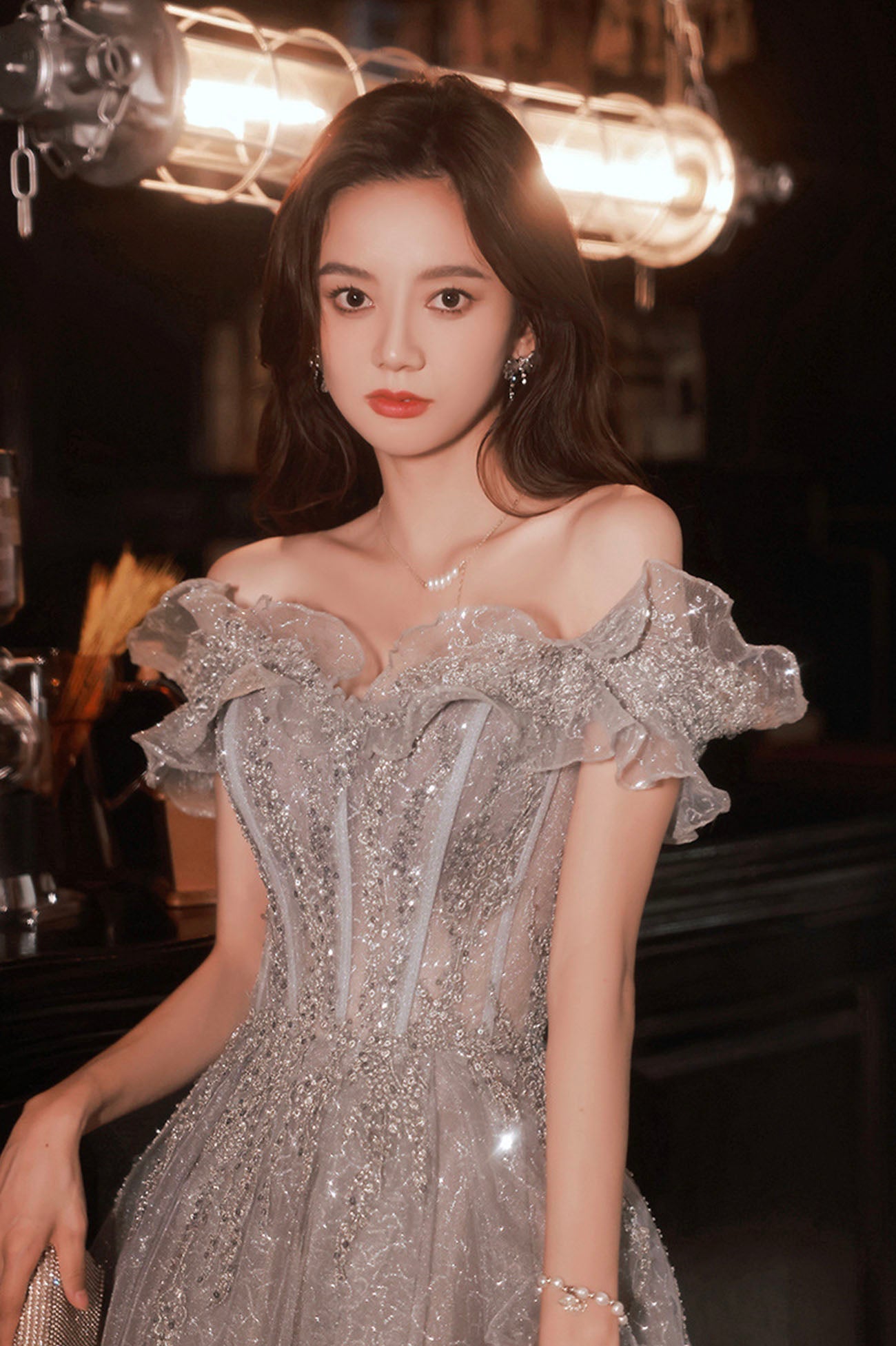 Gray tulle sequins long prom dress A line evening dress 10627
