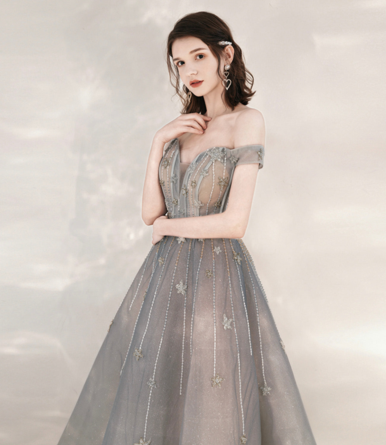 Gray tulle sequins long prom dress with star 10545