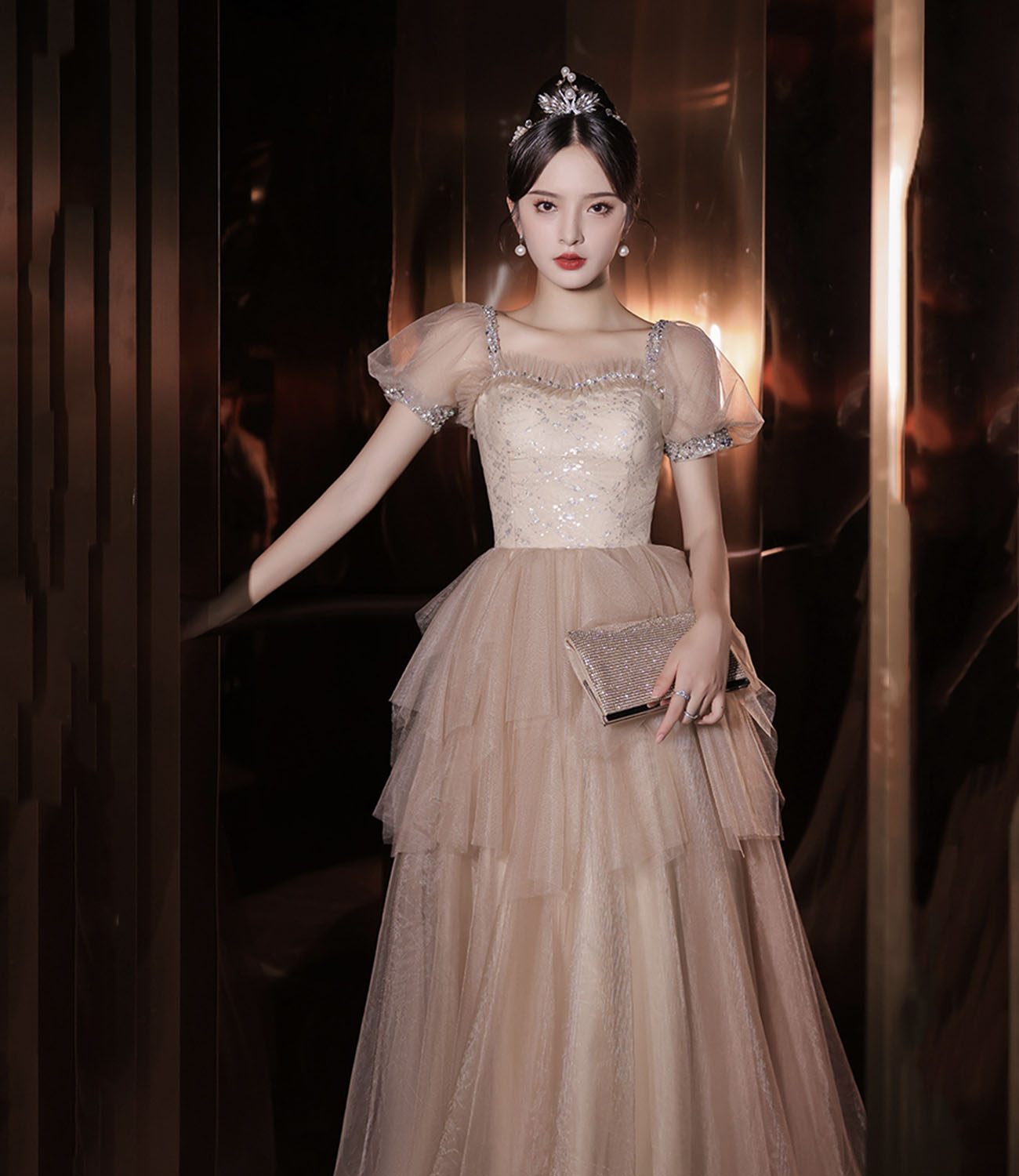 Cute tulle sequins long prom dress A line evening dress 10413