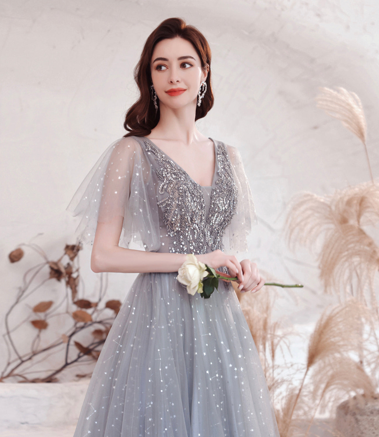 Gray tulle sequins long prom dress A line evening dress 10528