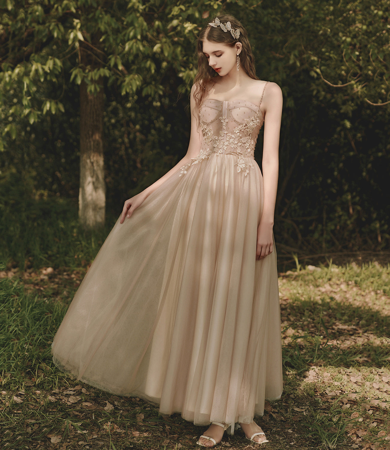 Cute tulle lace long prom dress A line evening dress 10398