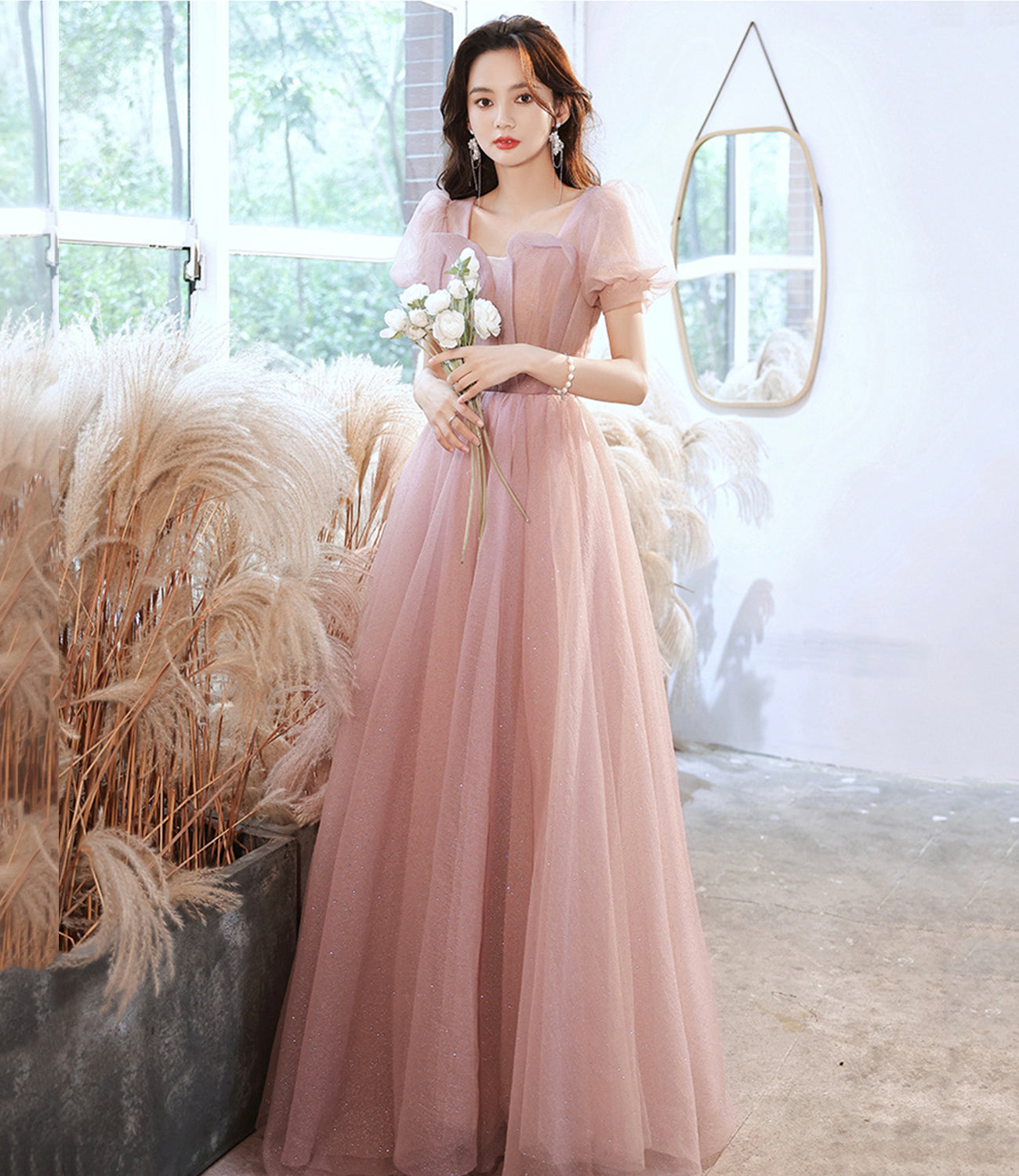 Cute tulle long prom dress pink A line evening dress 10524
