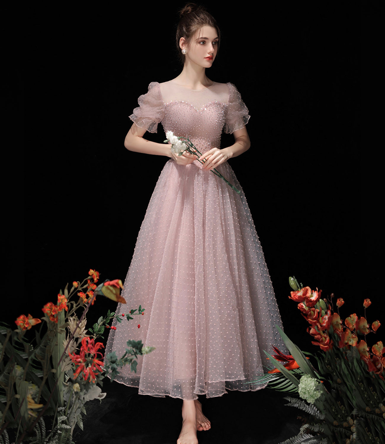 Pink tulle beads short prom dress A line homecoming dress 10518