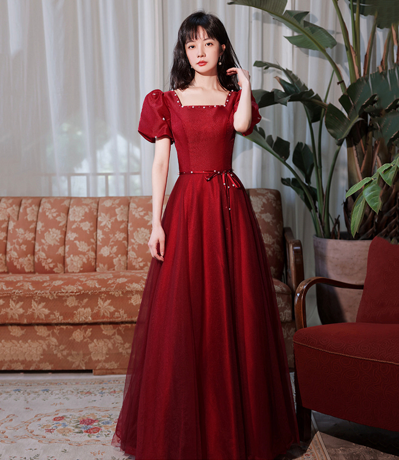 Burgundy satin tulle long prom dress A line evenig dress 10383