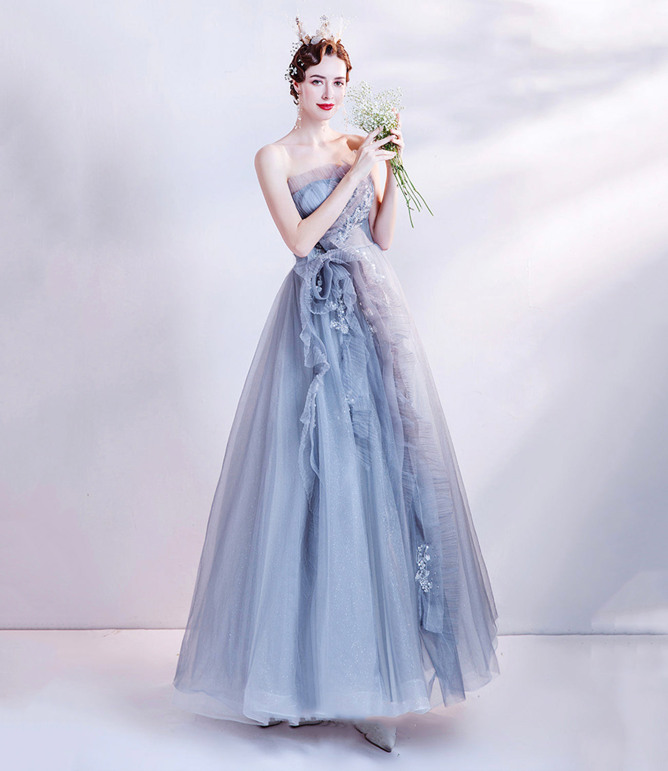 Cute tulle beads long prom dress A line evening dress 10511