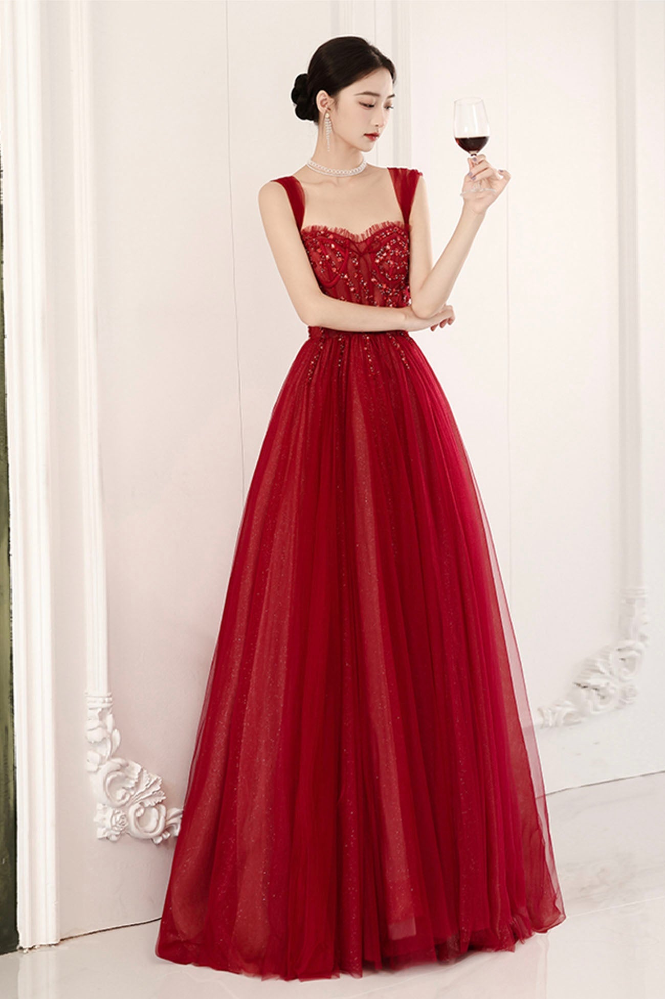 Burgundy tulle beads long prom dress evening dress 10604