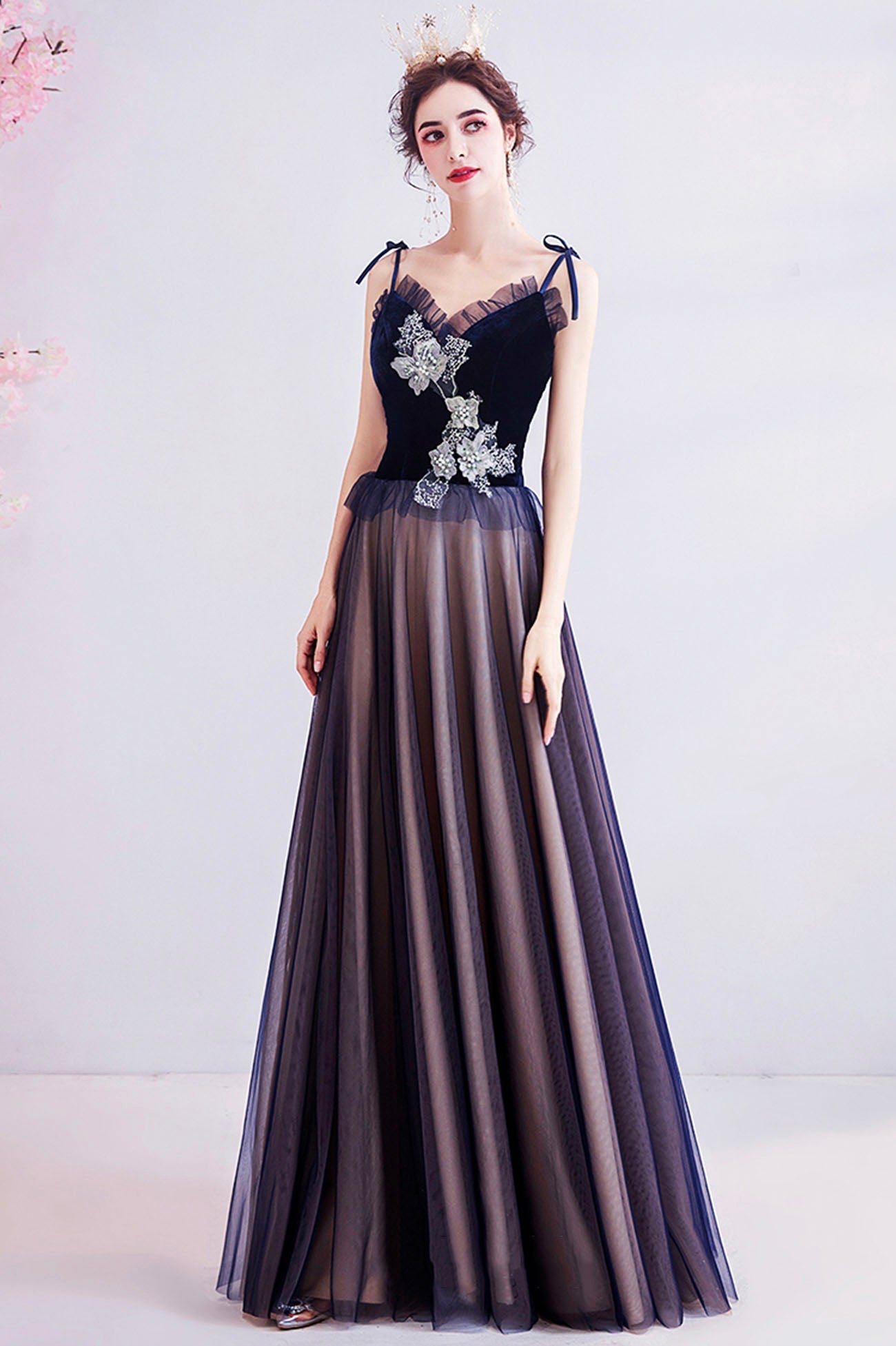 Blue tulle lace long prom dress blue evening dress 10617
