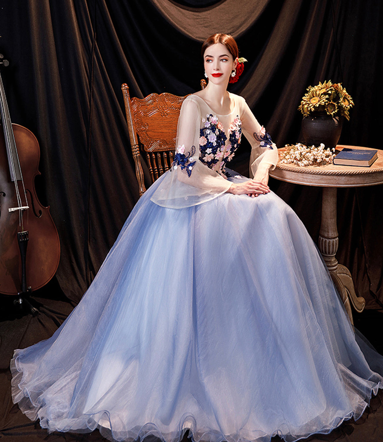 Blue tulle applique long prom dress blue evening dress 10534