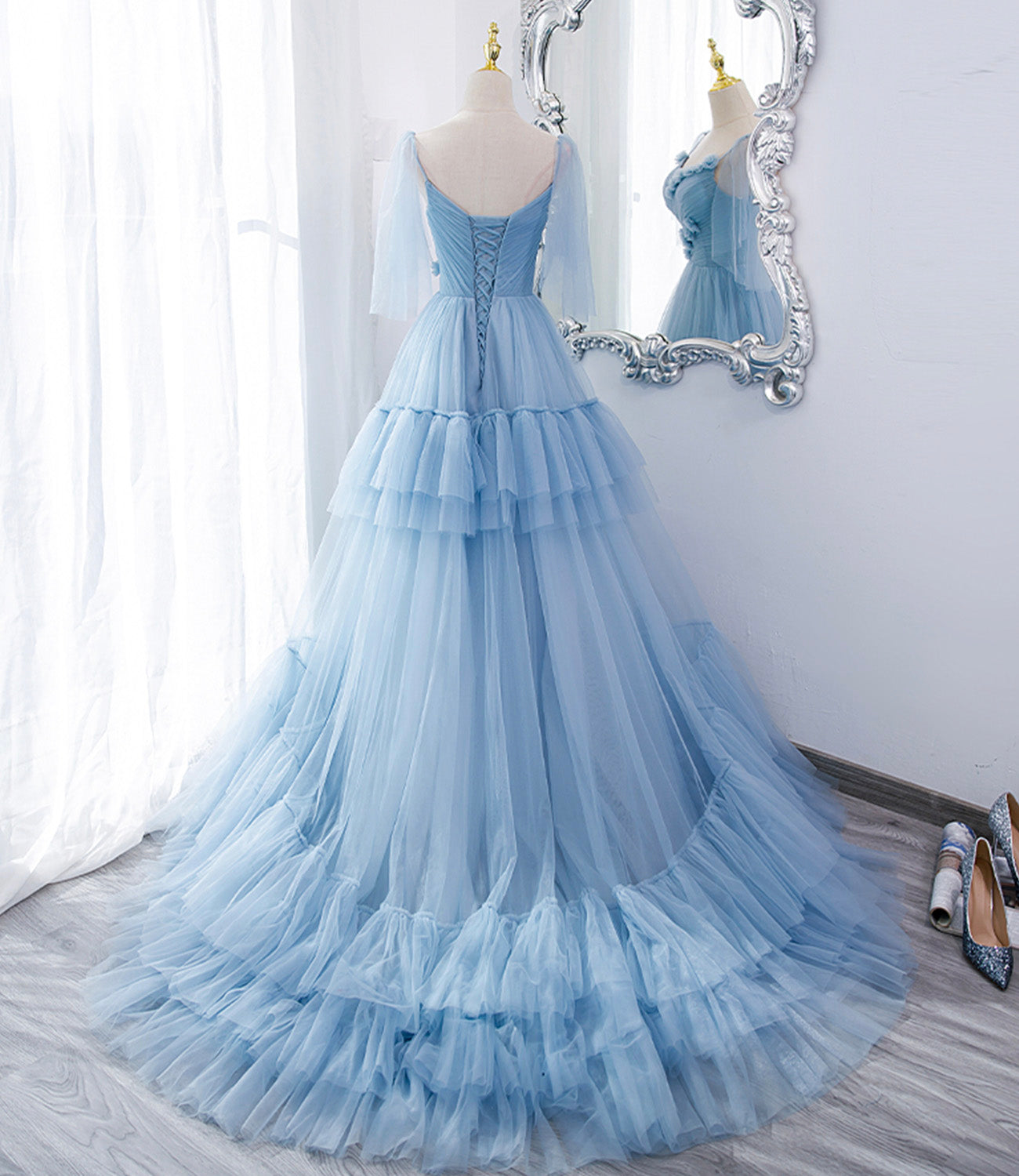 Blue tulle long A line prom dress blue evening dress 10551