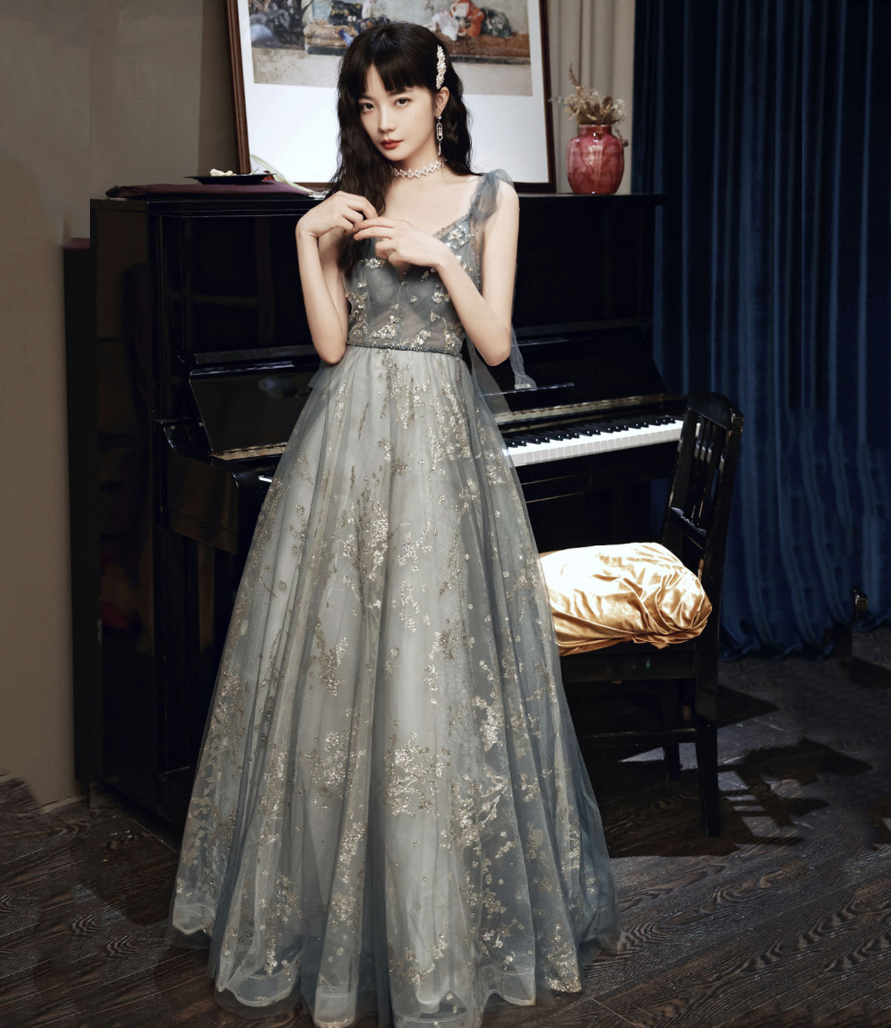 Gray tulle sequins A line prom dress gray evening dress 10433