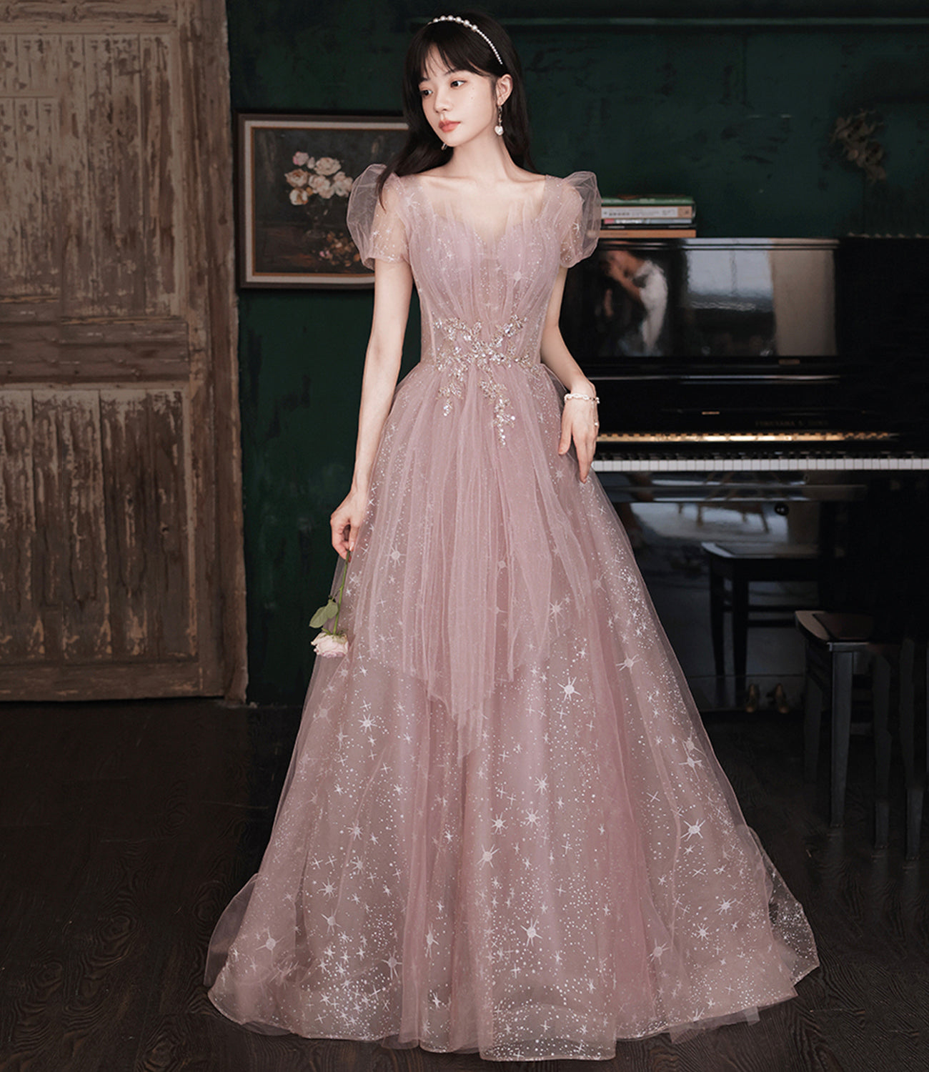 Pink tulle long prom dress A line evening gown 10490