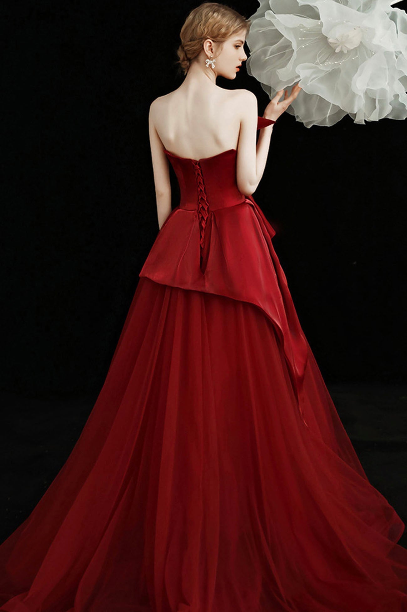 Burgundy tulle long prom dress A line evening dress 10603