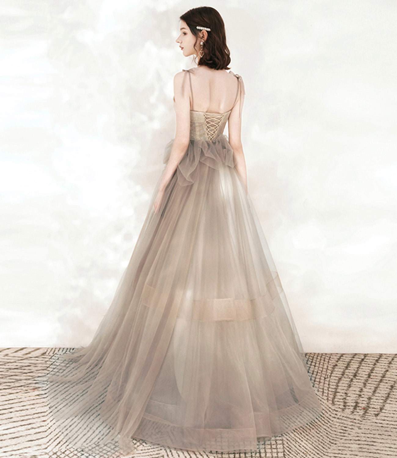 Cute tulle sequins long prom dress A line evening dress 10546