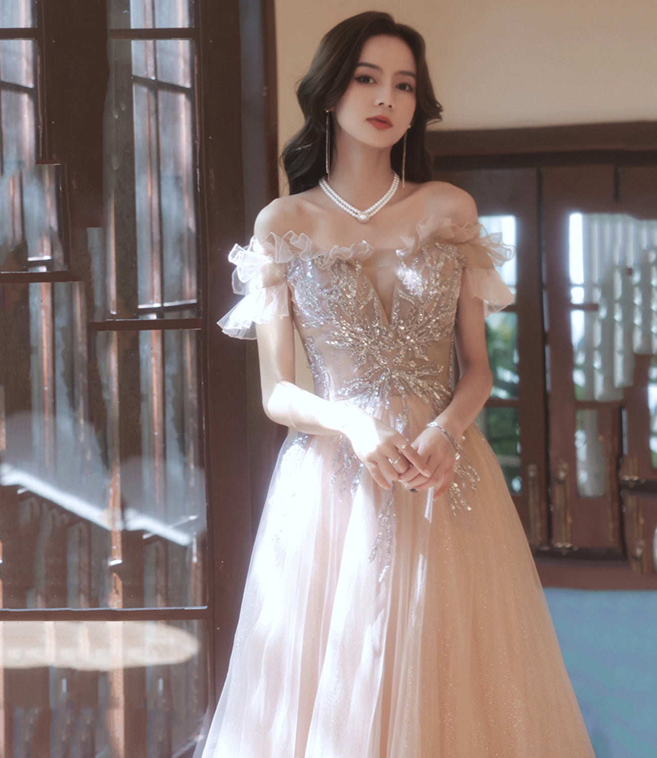 Champagne tulle long prom dress A line evening dress 10388