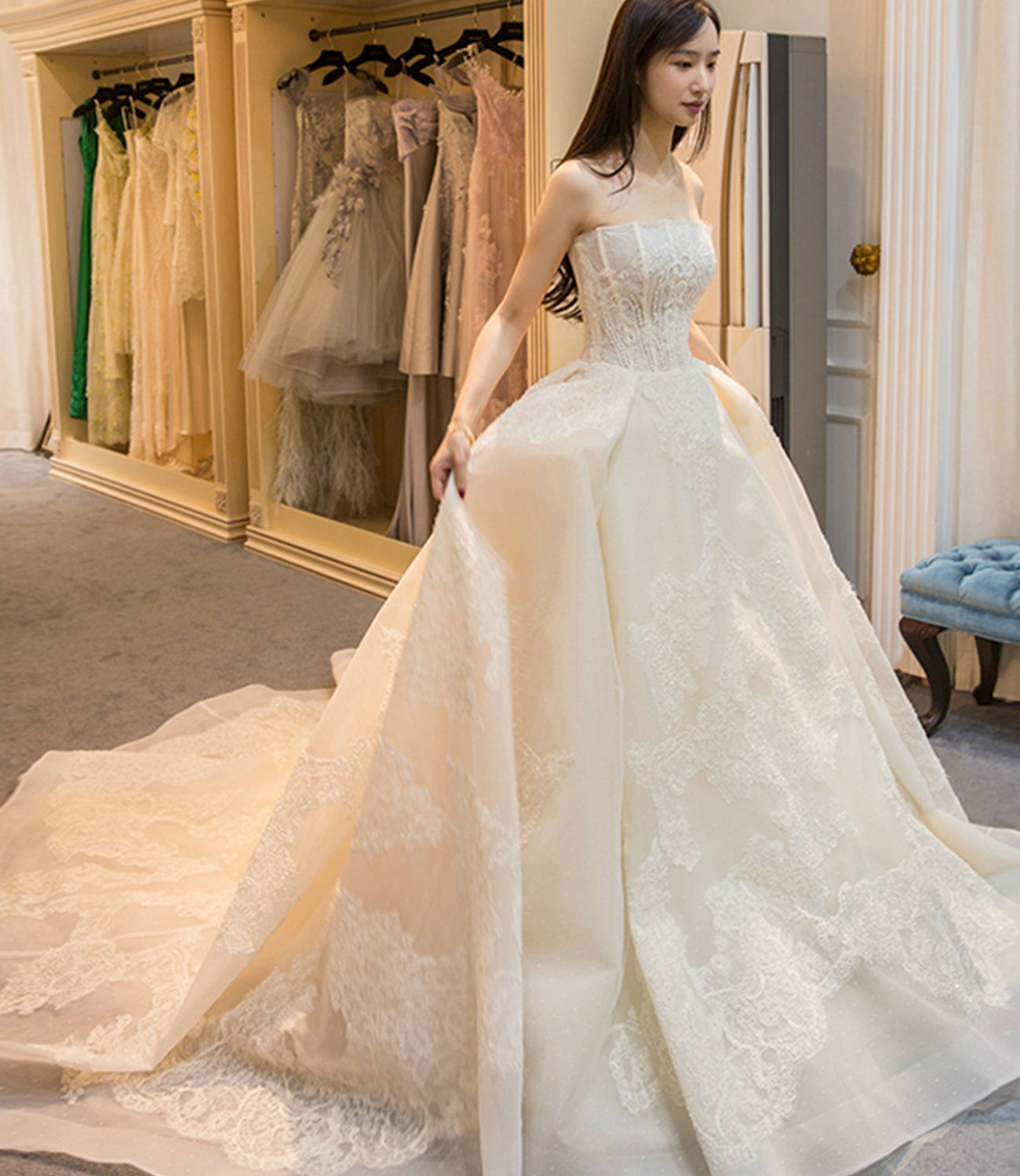 Champagne tulle lace long ball gown dress formal gown 10367