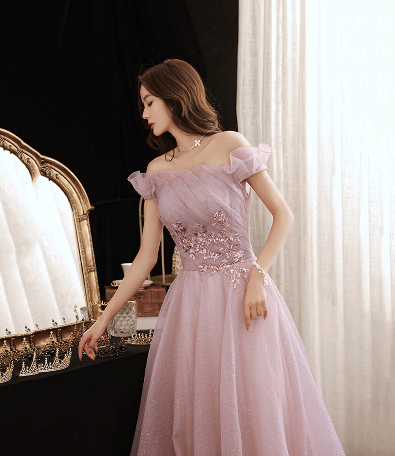 Pink tulle sequins long prom dress pink evening dress 10452