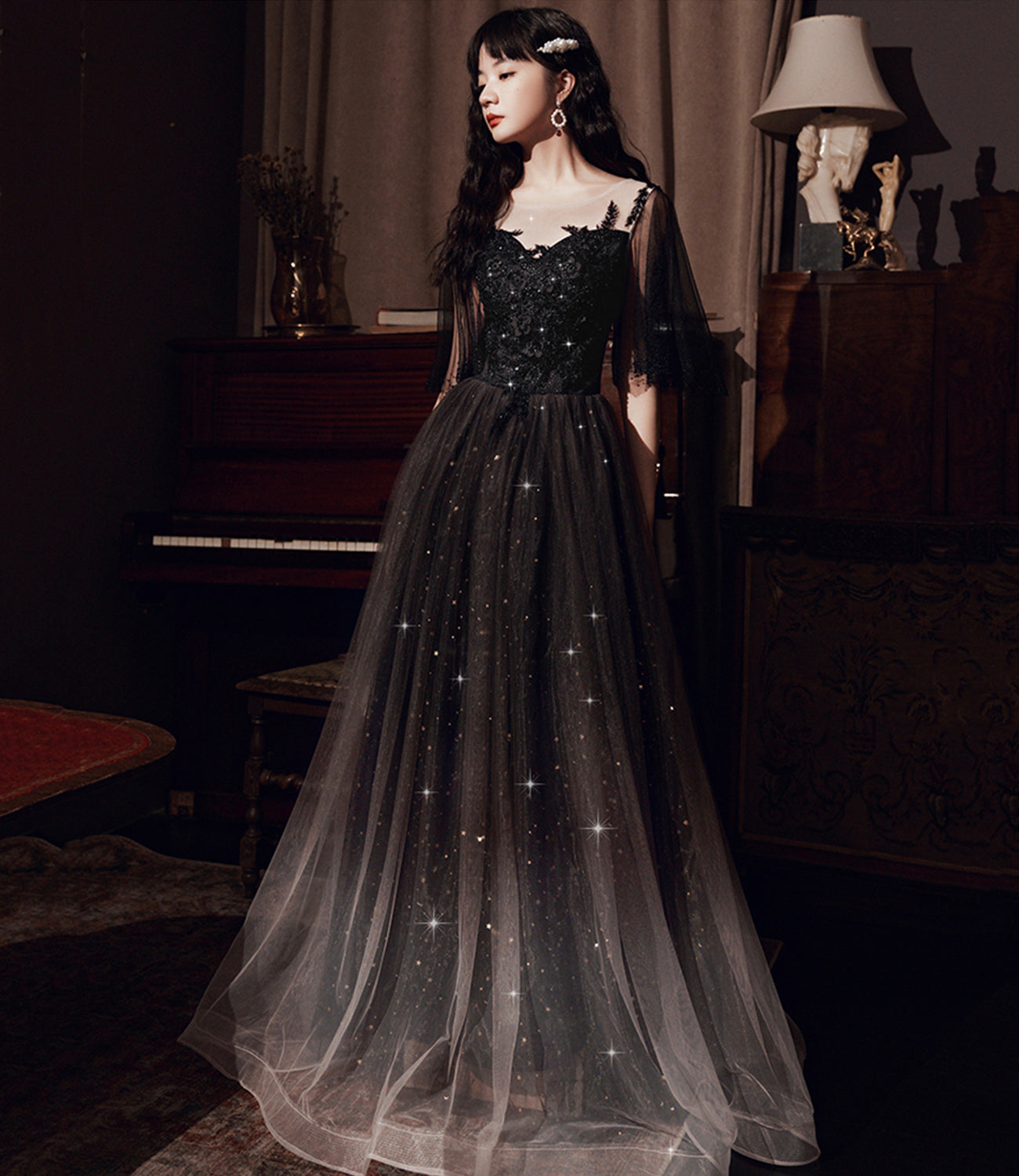 Black tulle lace long prom dress evening dress 10363