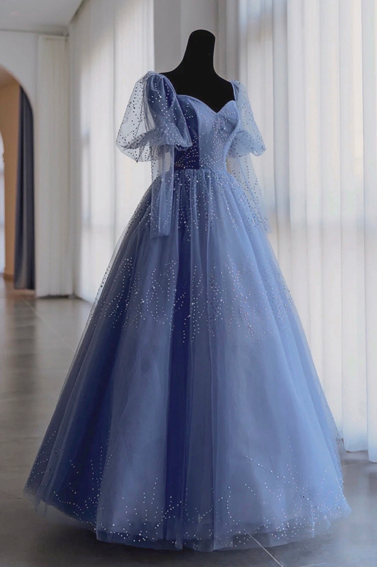 Blue tulle beads long prom dress blue evening dress 10522